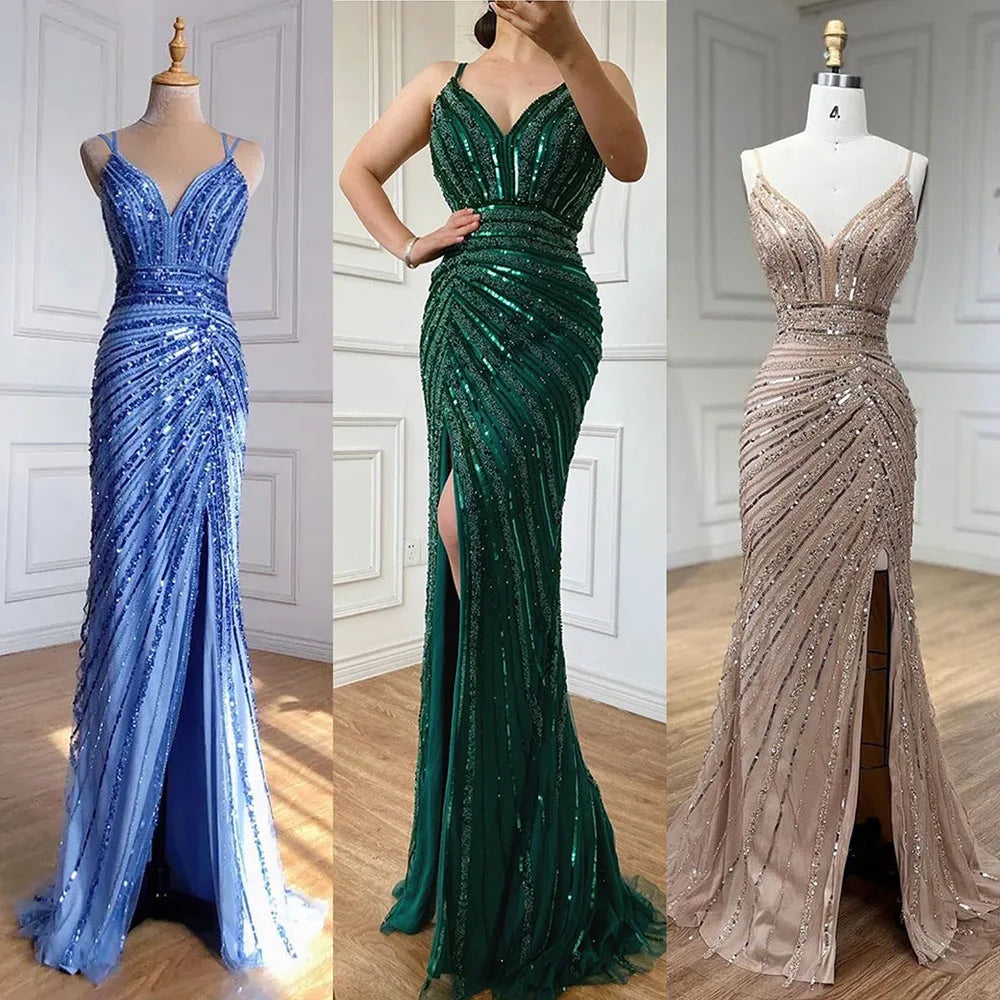 Elegant Beaded Green Spaghetti Strap Mermaid Evening Gown for Women - 2025 High Slit Party Dress LA71235 | Perfect for Prom, Wedding Guest & Formal Events