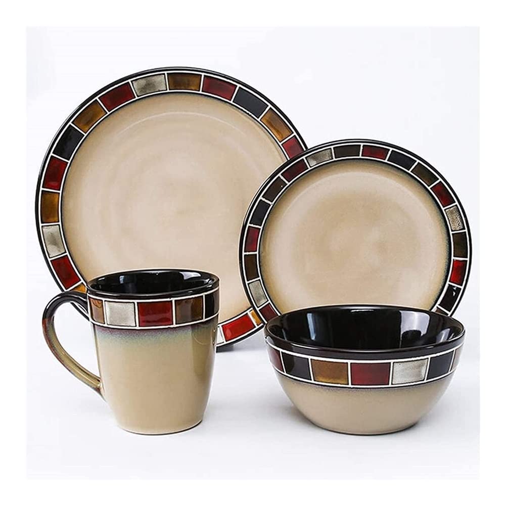 Vintage Stoneware Dinnerware Set - 16-Piece Retro Kitchen Plates, Bowls & Mugs - Handcrafted Reaction Glaze Ceramic Dish Set - Oven & Dishwasher Safe - Perfect for Family Dinners, Restaurant-Style Dining & Holiday Entertaining