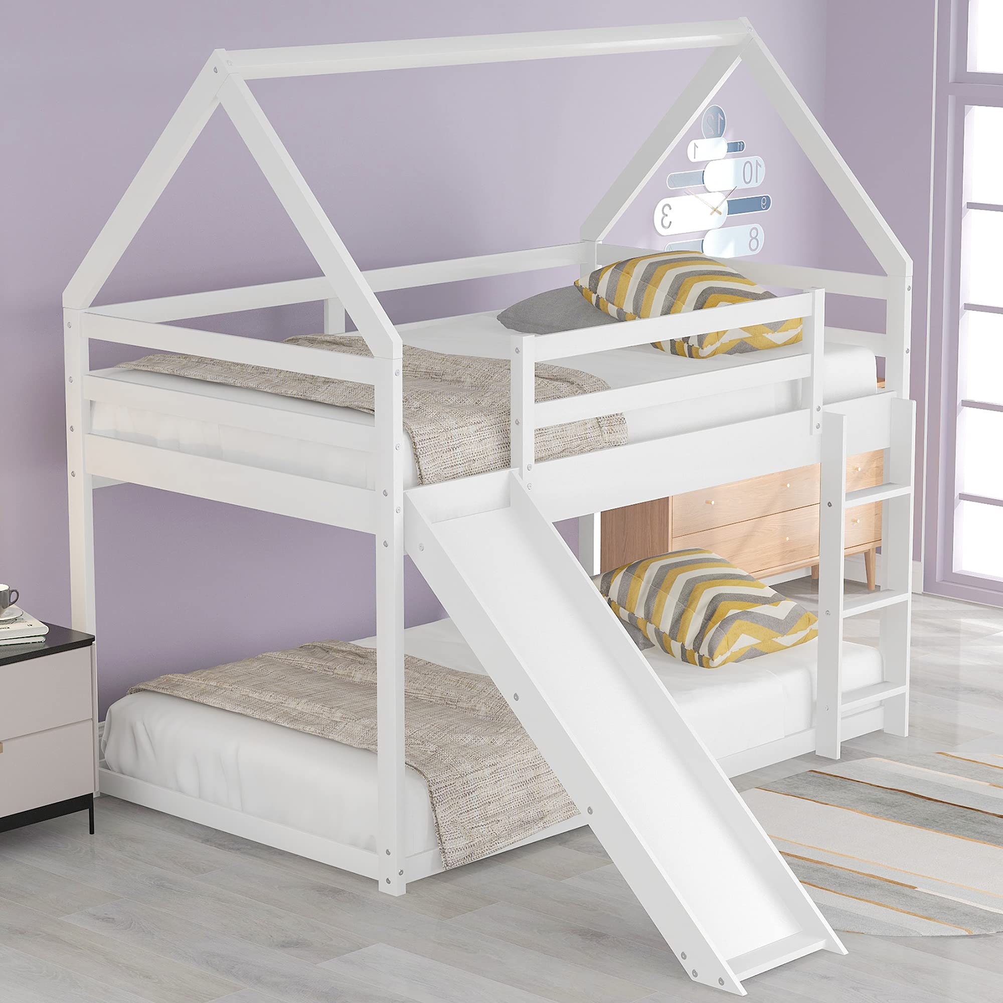 Merax Twin Over Twin Bunk Bed with Slide & Ladder - Kids House Bed with Roof & Low Floor Frame - Fun & Safe Sleeping Solution for Boys, Girls & Teens - Perfect for Small Bedrooms, Playrooms & Sleepovers