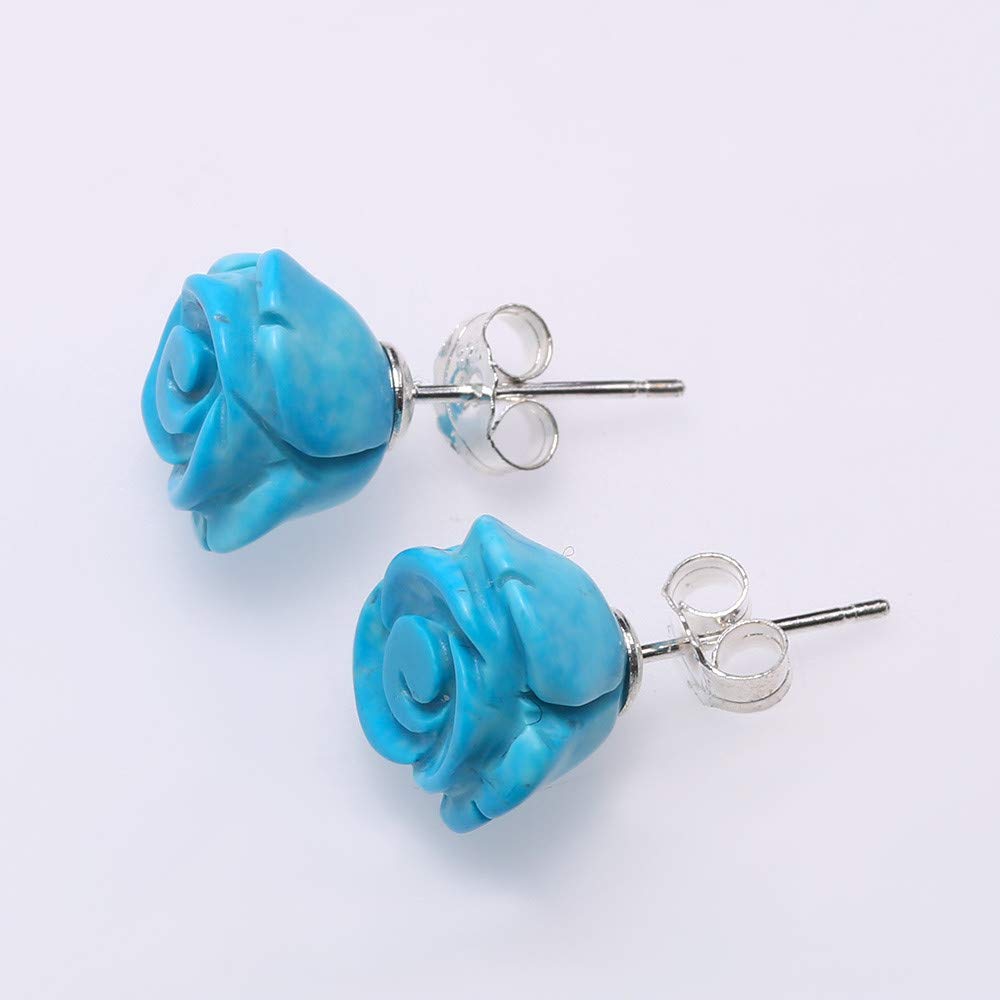 Handmade Carved Rose Flower Stud Earrings for Women | 11mm Blue Turquoise Jewelry | Elegant Fancy Earrings for Party, Wedding & Everyday Wear