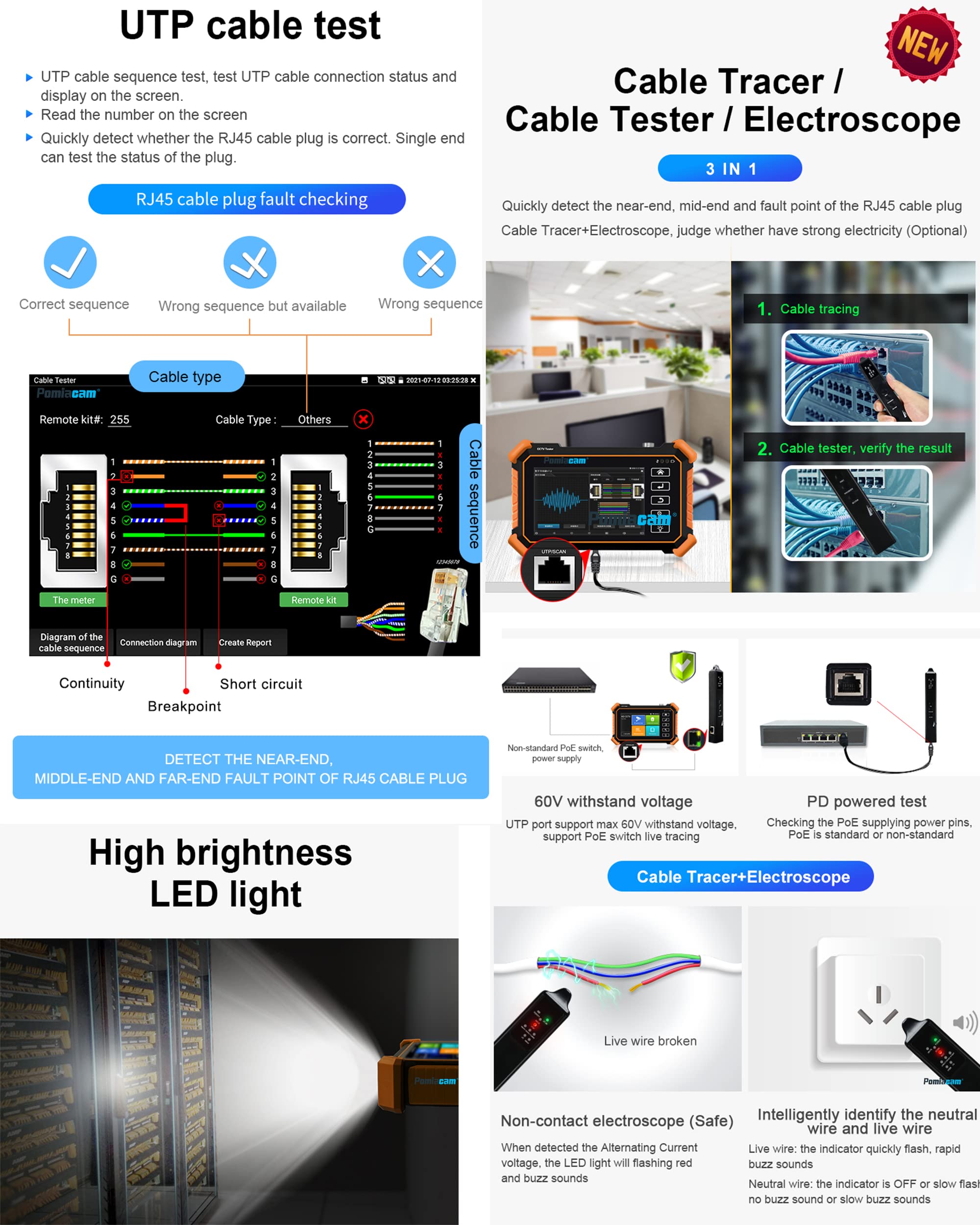 IPC-1910 Plus 4 Inch Touch Screen IP Camera Tester - 8K/4K/8MP Resolution, Supports H.265, POE, PTZ, WiFi & RS485 - Compatible with Coax, AHD, CVI, TVI Cameras - Ideal for CCTV Installation, Security System Testing & Camera Maintenance