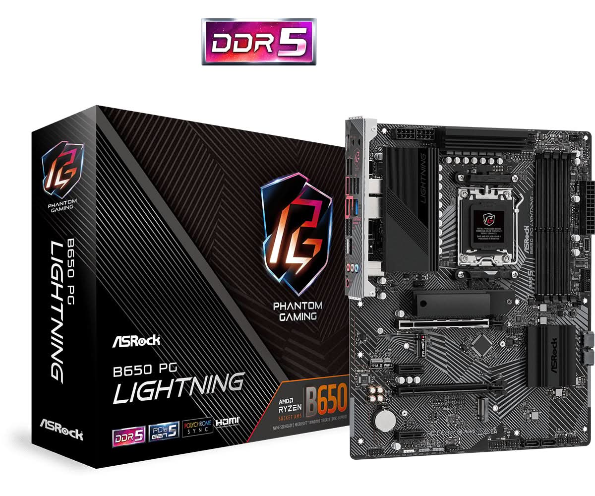 ASRock B650 PG Lightning AMD AM5 Socket ATX Motherboard with DDR5 Support - Perfect for Gaming PCs, Workstations & High-Performance Builds