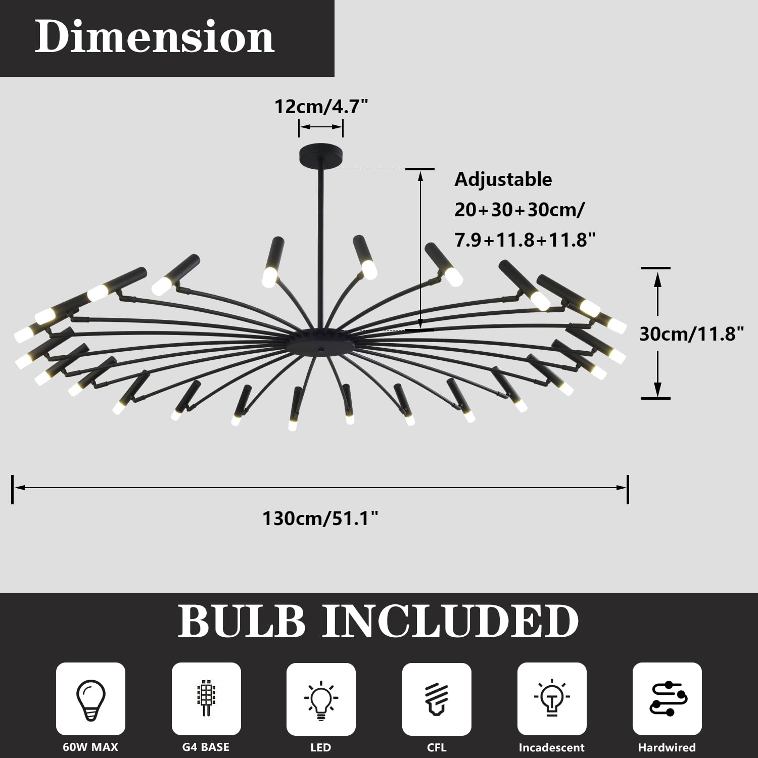 Extra Large Modern Chandelier for High Ceiling - Mid Century Sputnik Style Black Flush Mount Ceiling Light - Contemporary Lighting for Living Room, Dining Room, Foyer & Bedroom - Perfect for Modern Home Decor & Luxury Interior Design