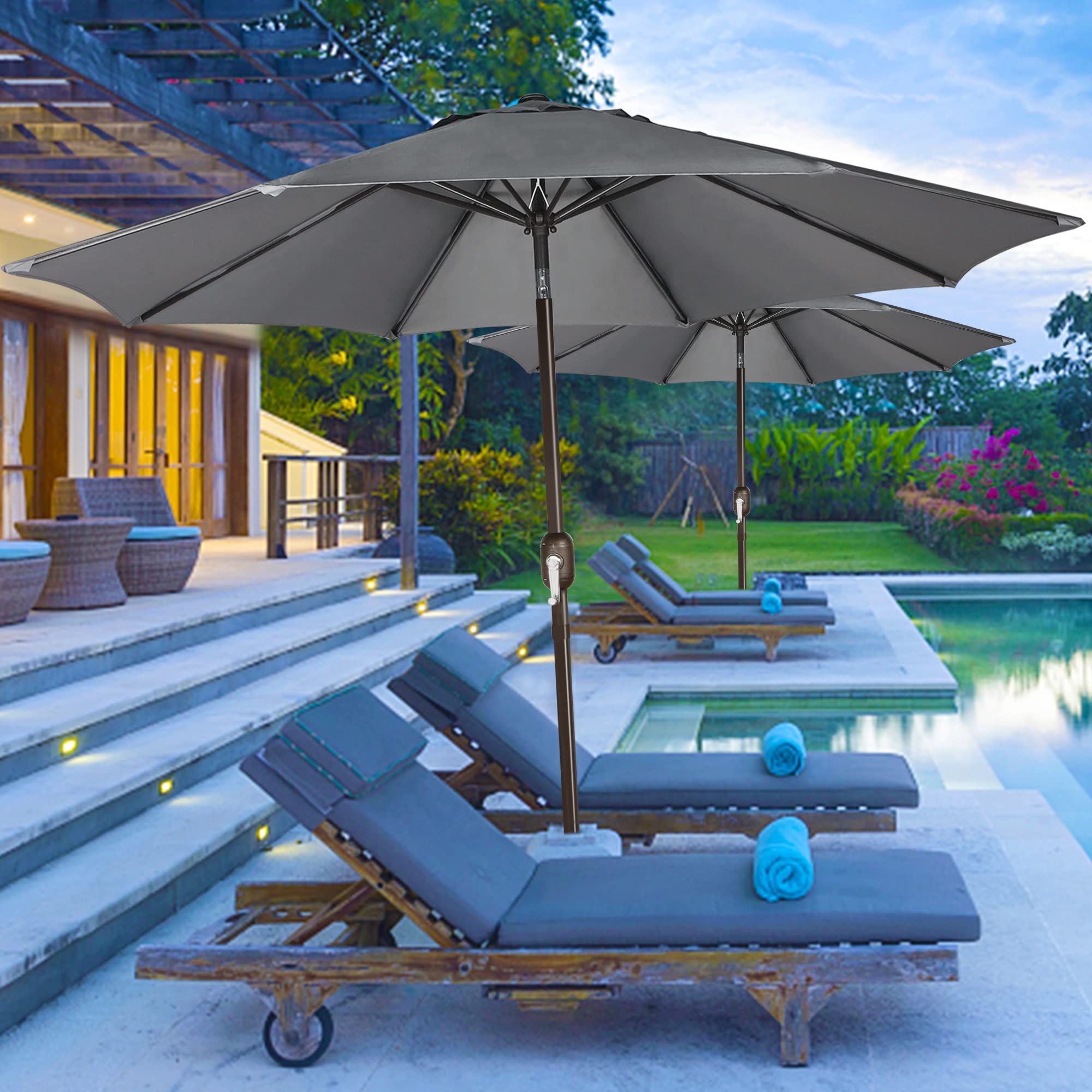 Blissun 9' Outdoor Patio Umbrella with 8 Sturdy Ribs - Push Button Tilt & Crank - Waterproof Sun Shade for Garden, Poolside, Backyard, Restaurant (Beige)