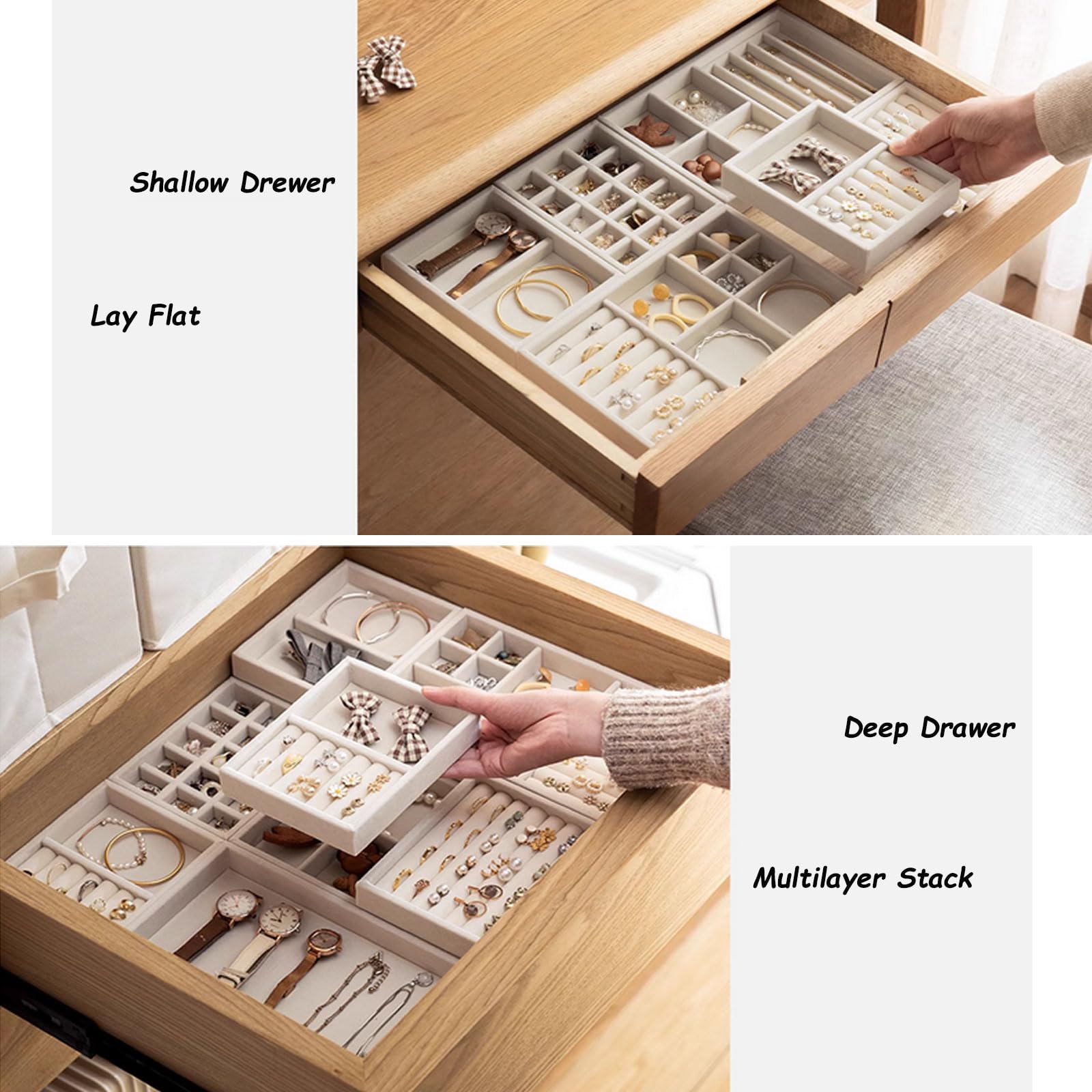 Stackable Velvet Jewelry Organizer Trays - 4-Piece Set for Earrings, Rings, Necklaces & Bracelets | Elegant Jewelry Drawer Inserts & Display Case | Perfect Mother's Day Gift & Jewelry Storage Solution for Home, Travel & Retail Display