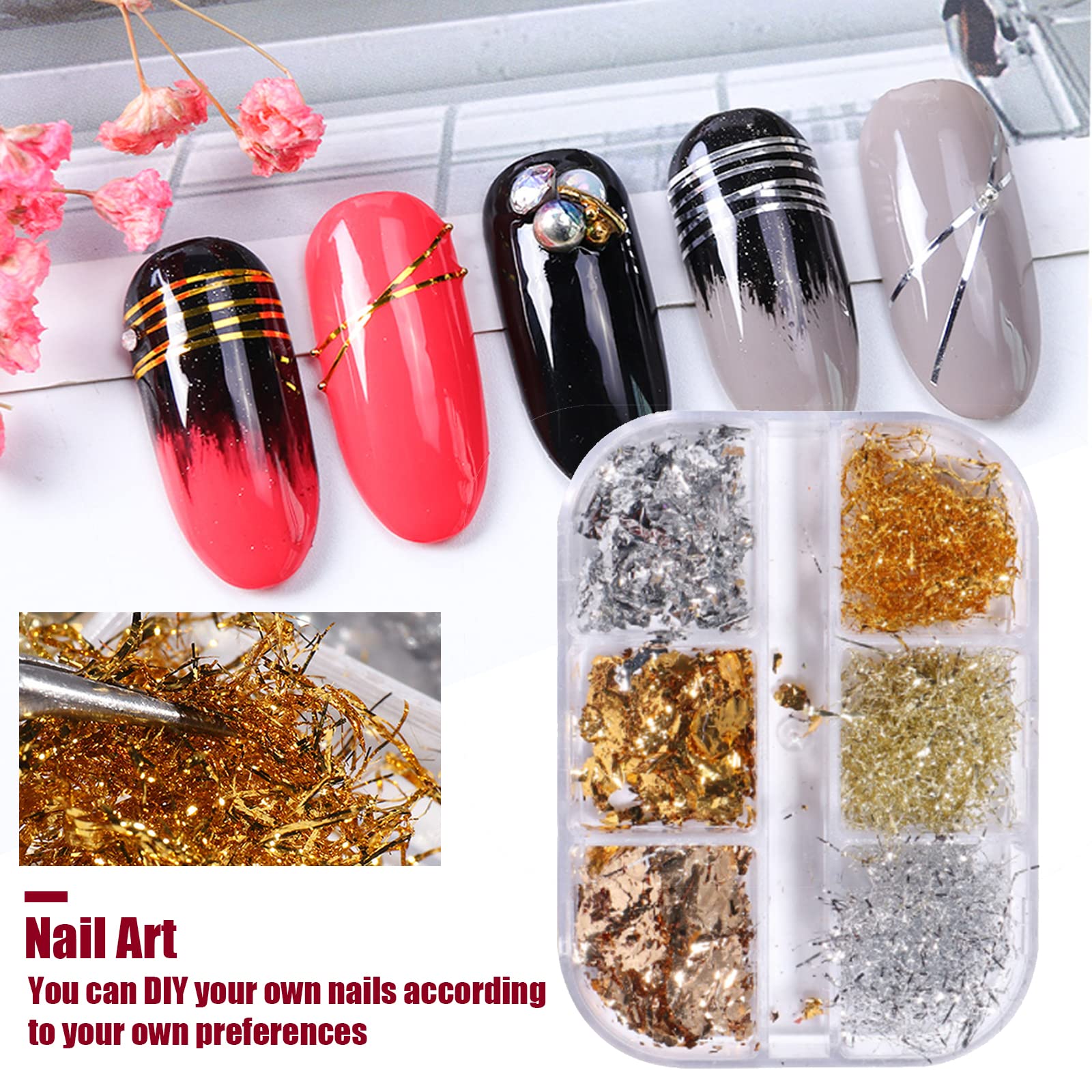 6 Grids Gold Silver Nail Foils - Shining Nail Glitter Flakes & Sequins Stickers for Nail Art | DIY Manicure, Salon Professional Nail Design Accessories