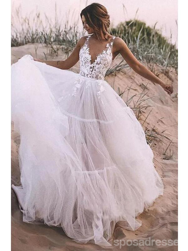 Handmade Lace Wedding Dress with Floral A-Line Straps & V-Neck - Elegant Bridal Gown for Church, Beach or Garden Ceremonies (Style WD780)