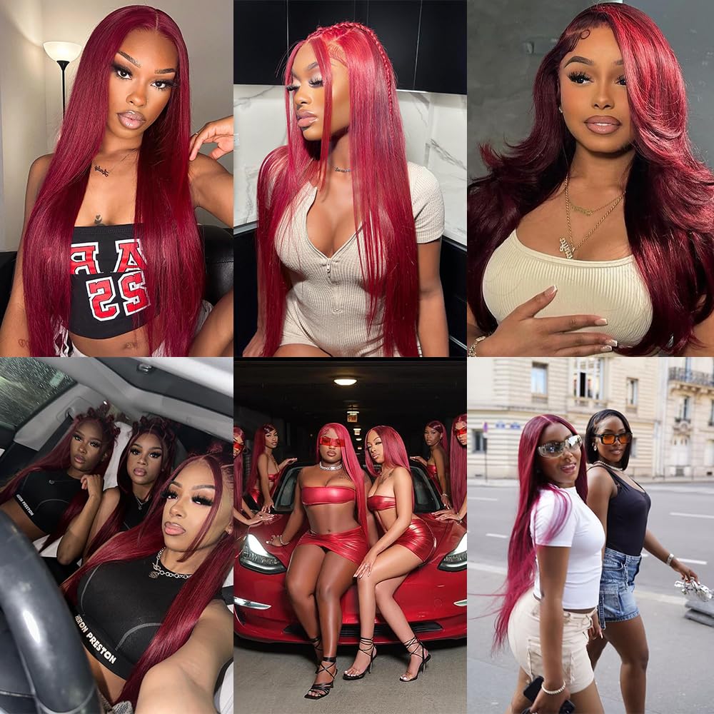 99J Burgundy Lace Front Wigs Human Hair 13x4 Straight Lace Frontal Wigs - Pre Plucked Wine Red Colored 30 Inch 180% Density Wigs for Women | Perfect for Parties, Weddings, Cosplay & Daily Wear