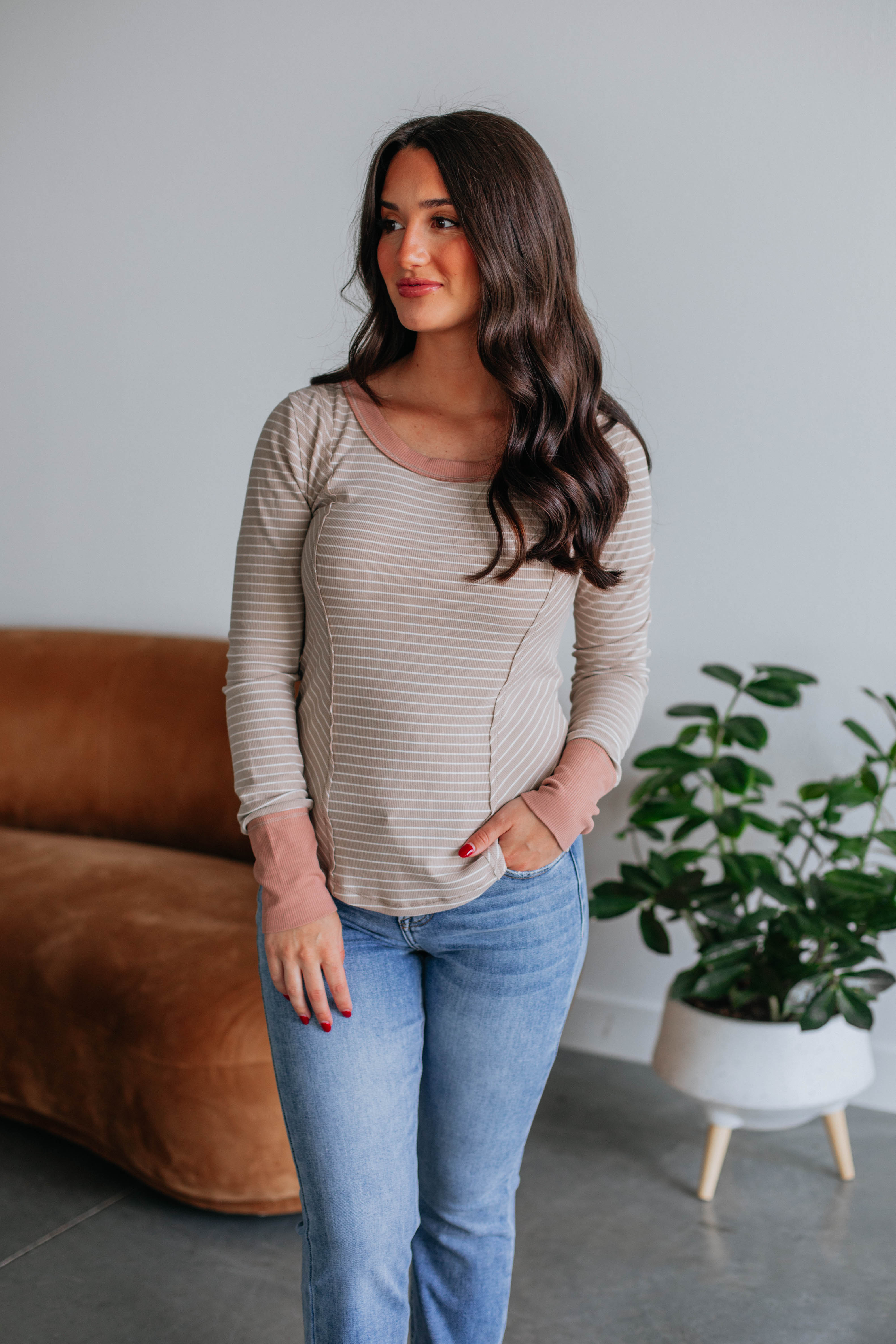 Jalene Ribbed Top Women's Fashion T-Shirt - Sand Mix Color for Casual Wear & Layering Outfits