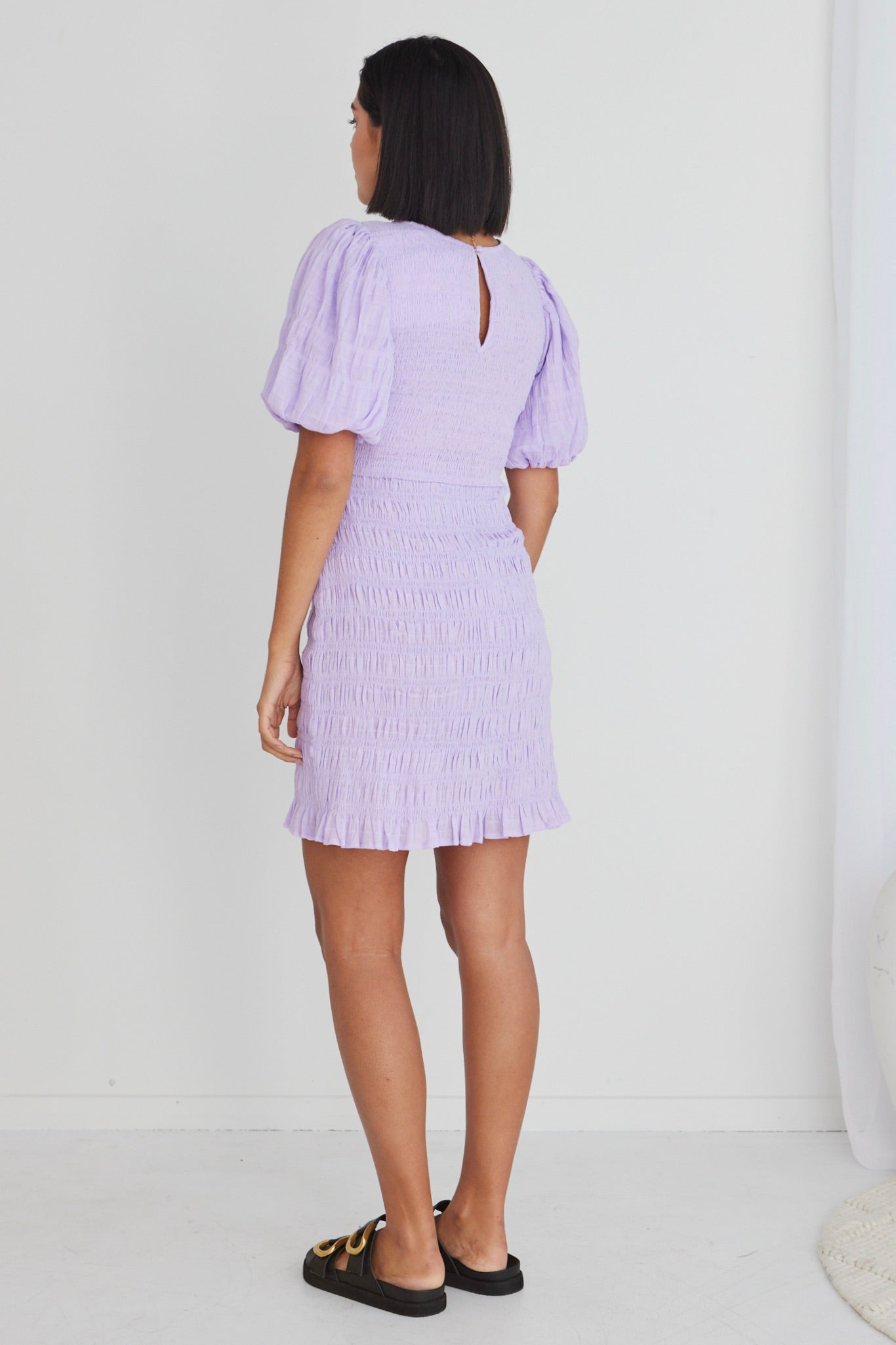 Elegant Lilac Puff Sleeve Shirred Bodycon Mini Dress for Women | Summer Party & Date Night Outfit