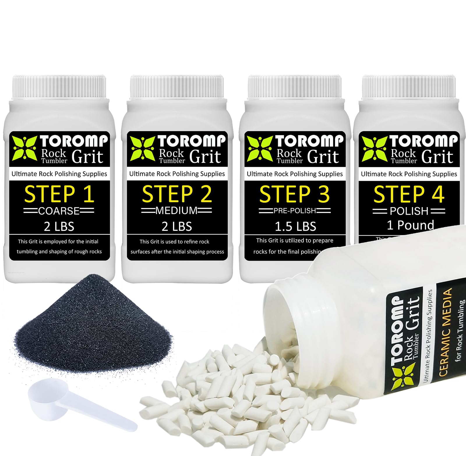 Toromp 8 LBS Rock Tumbler Grit Kit with Ceramic Filler Media - Coarse, Medium, Pre-Polish & Final Polish for All Tumbling Machines | Perfect for Jewelry Making, Lapidary & Rock Polishing Hobbies