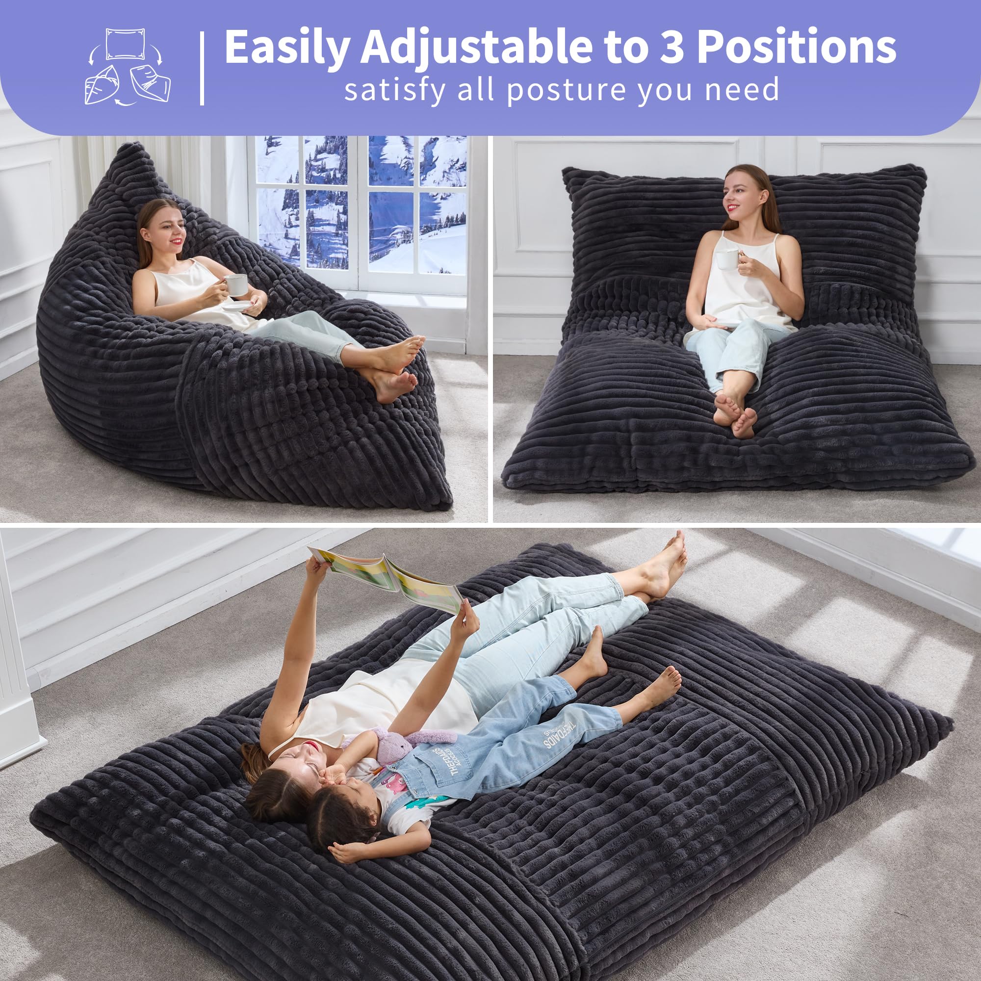 Hobestluk 3-in-1 Convertible Bean Bag Chair - Giant Floor Cushion with Machine Washable Cover for Adults - Dark Grey - Perfect for Living Room, Bedroom & Game Room Relaxation