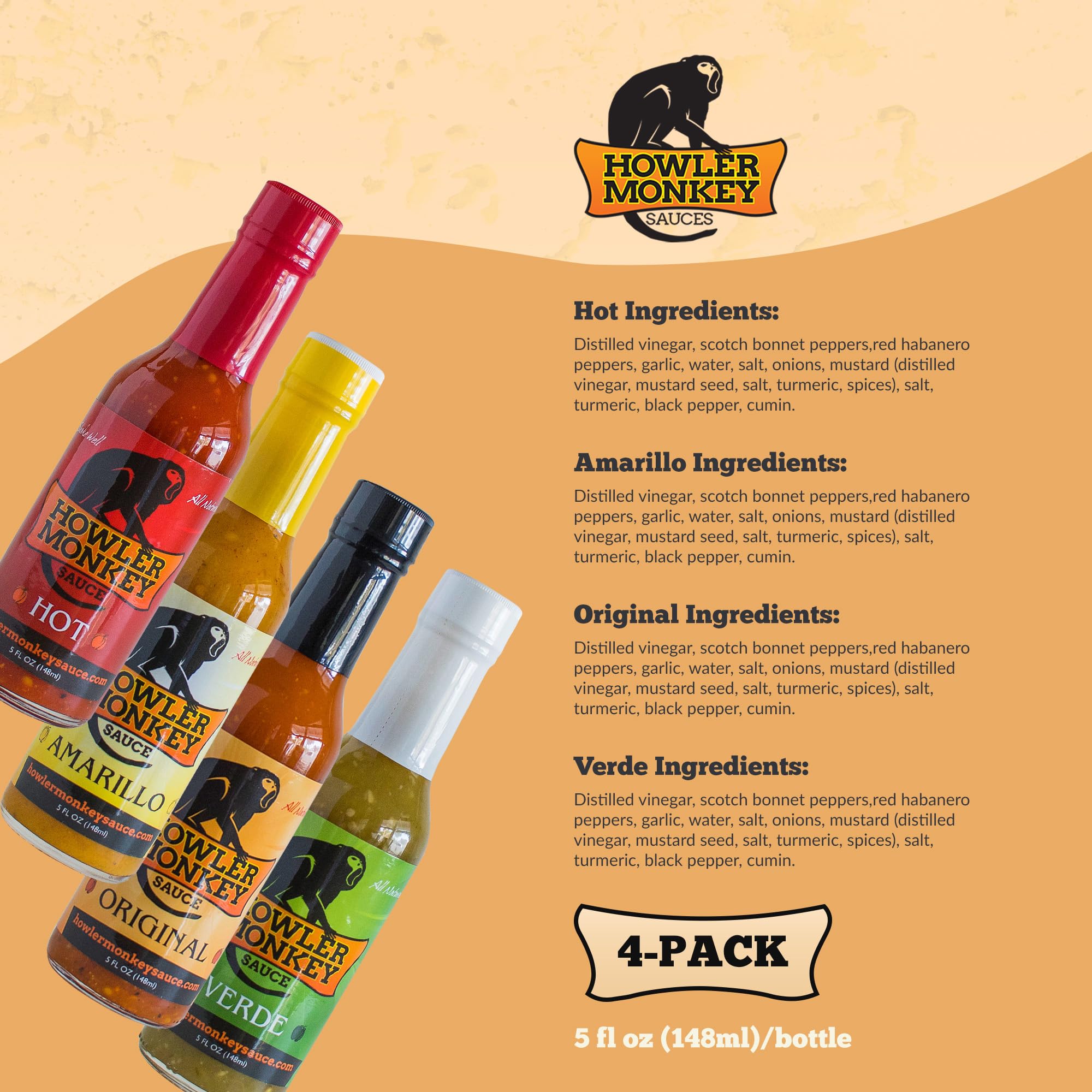 Howler Monkey Hot Sauce Variety Pack - Original, Amarillo, Verde & Spicy Flavors - Authentic Panamanian Aji Chombo Sauce - Gluten-Free, Vegan - 5 oz Bottles (4-Pack) - Perfect for Tacos, Wings, BBQ & Cooking