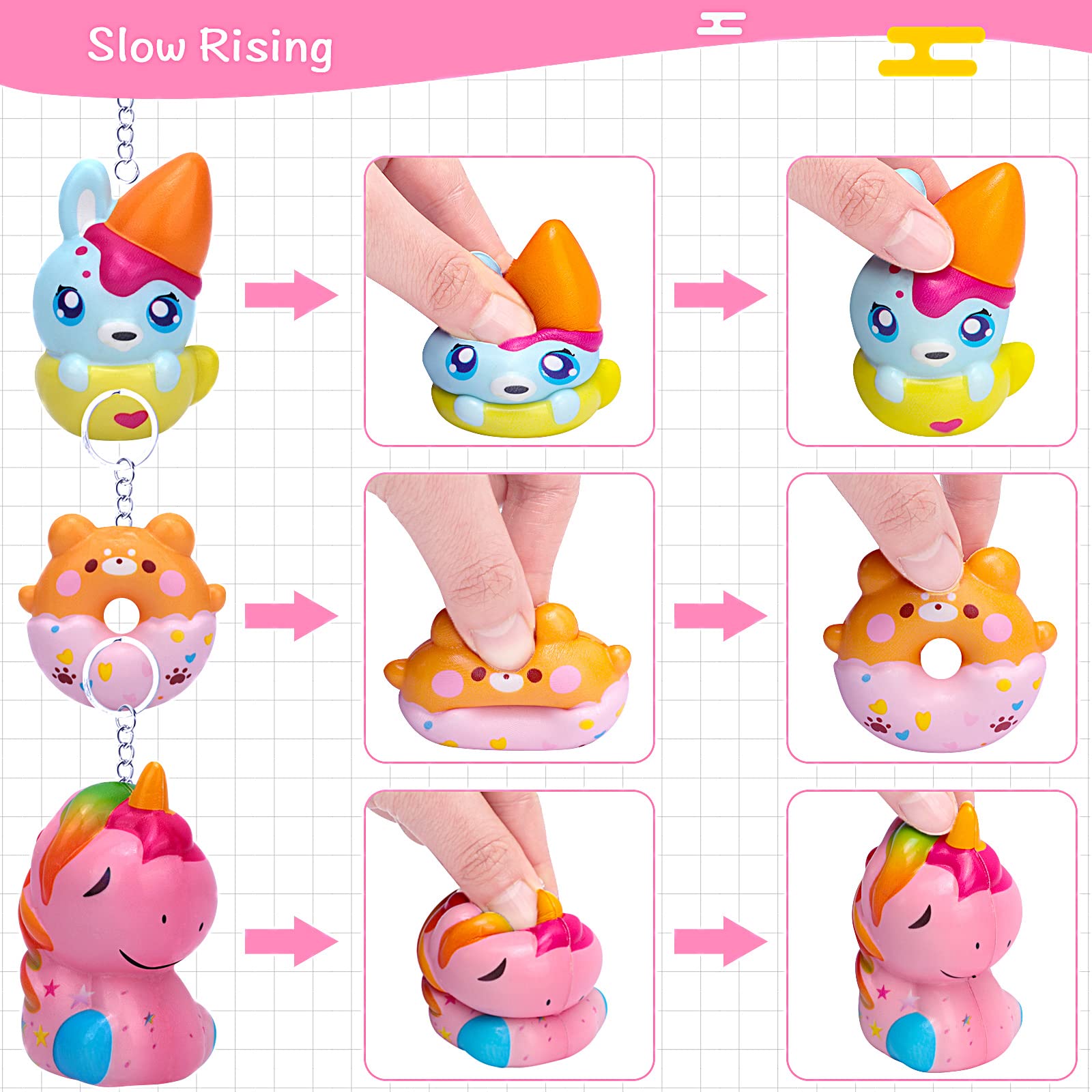 POKONBOY 20 Pack Jumbo Squishies Keychain - Cream Scented Slow Rising Squeeze Toys, Unicorn Donut Animal Stress Relief Toys for Kids, Easter Basket Stuffers & Birthday Party Favors for Boys Girls Age 3+ | Fun Sensory Toys for Stress Relief, Classroom Rewards & Travel Fidget Play