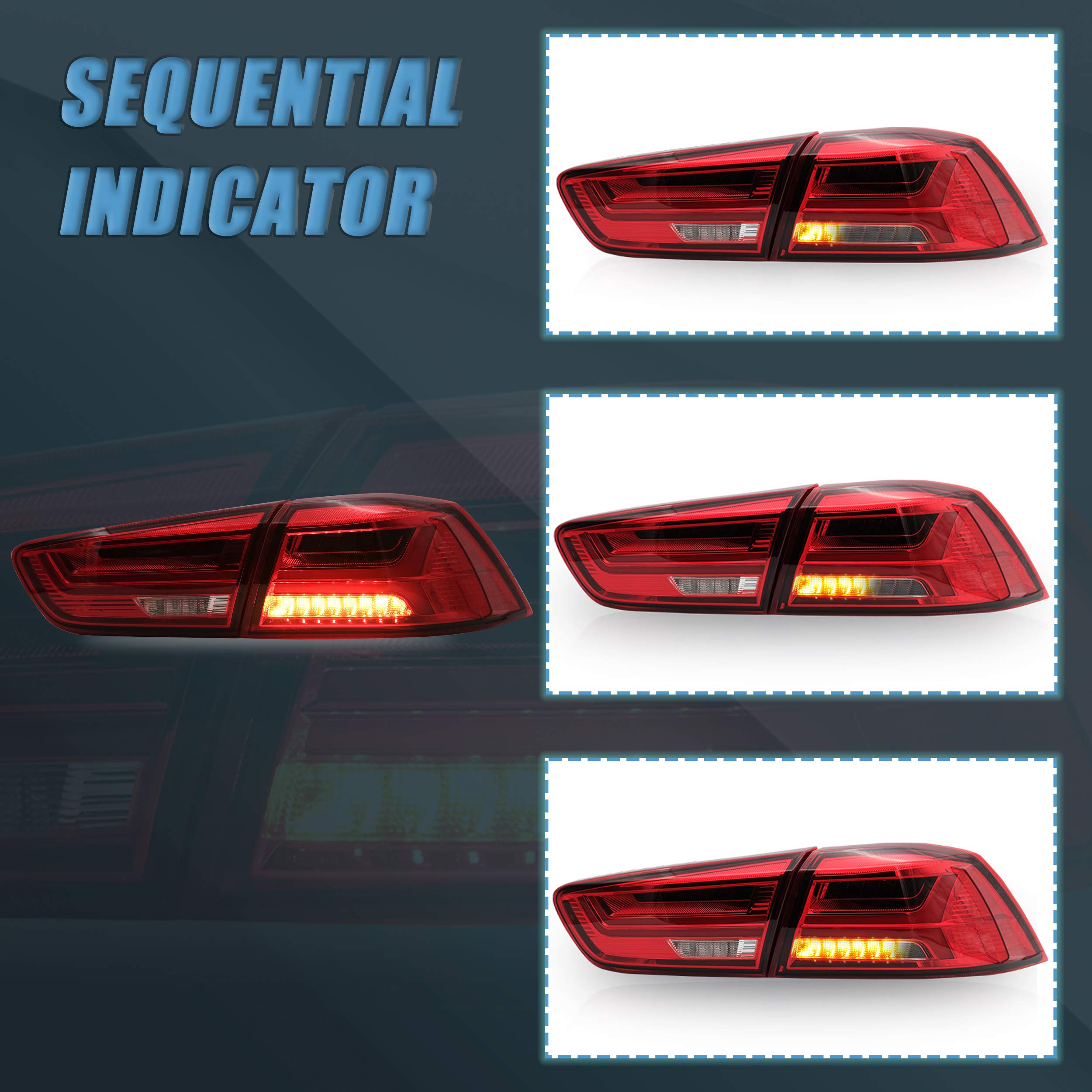 VLAND LED Tail Lights Assembly for Mitsubishi Lancer EVO X 2008-2020 - Sequential Turn Signal, Red - Not Compatible with Lancer Fortis/io | Upgrade Your Car's Style & Safety for Night Driving