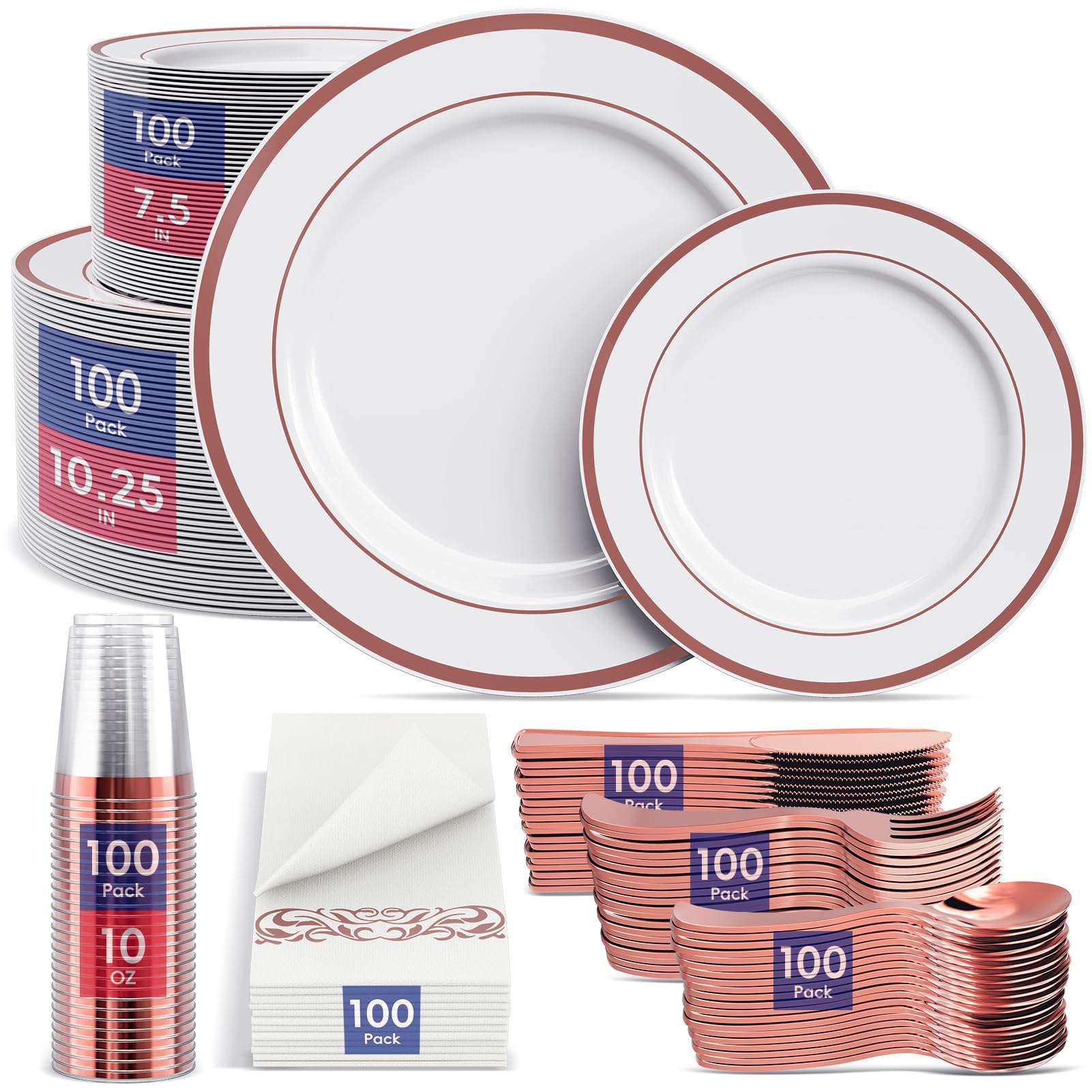700-Piece Rose Gold Disposable Dinnerware Set - 200 Plastic Plates, 300 Silverware, 100 Cups & 100 Hand Towels - Elegant Party Supplies for Halloween, Christmas, Thanksgiving - Perfect for Weddings, Baby Showers & Birthday Celebrations