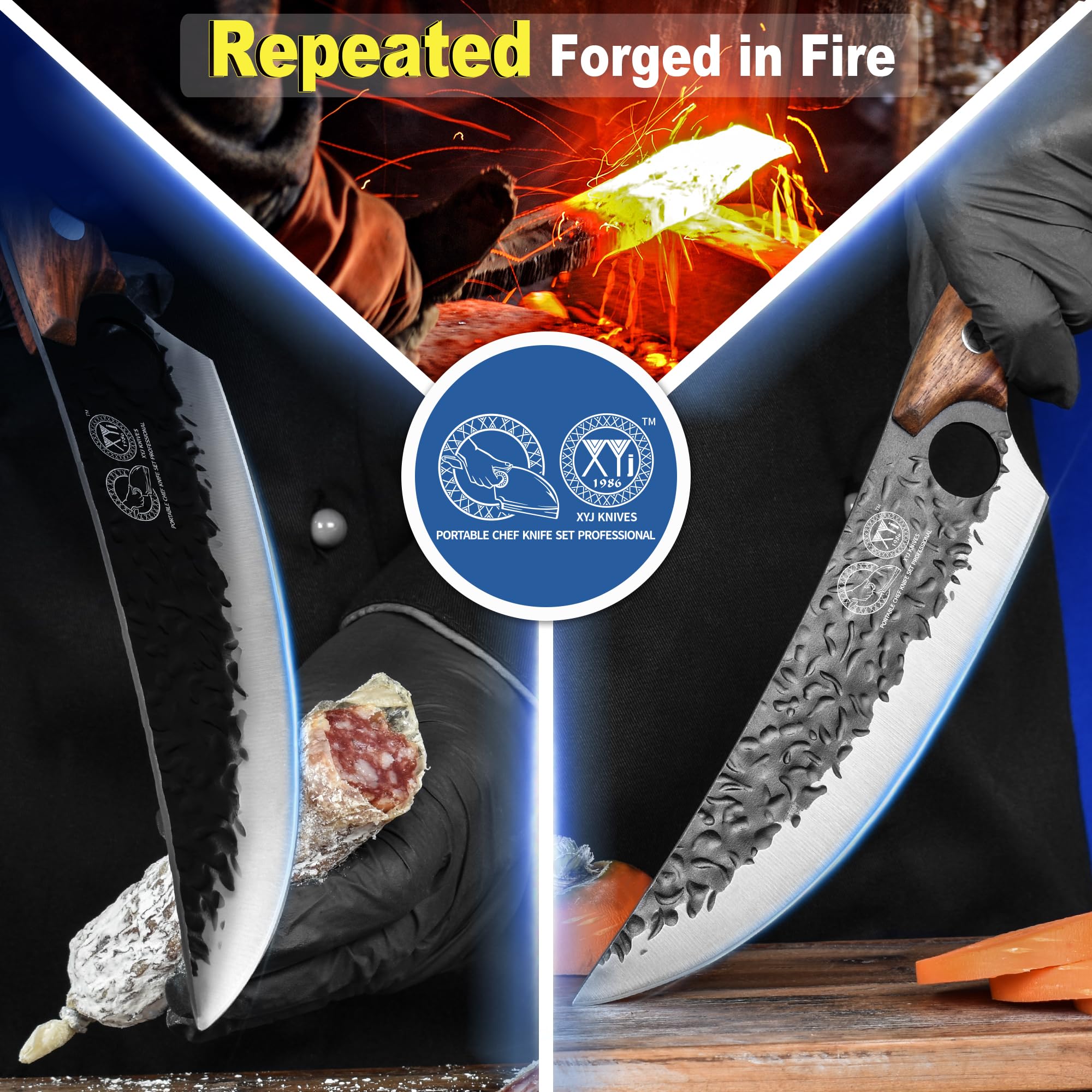 XYJ 8 Inch Full Tang Stainless Steel Boning Knife - Professional Chef Knife for Fishing, Outdoor Cooking, Meat Butchering - Includes Leather Sheath - Ideal for Camping, BBQ, and Kitchen Use (Brown)
