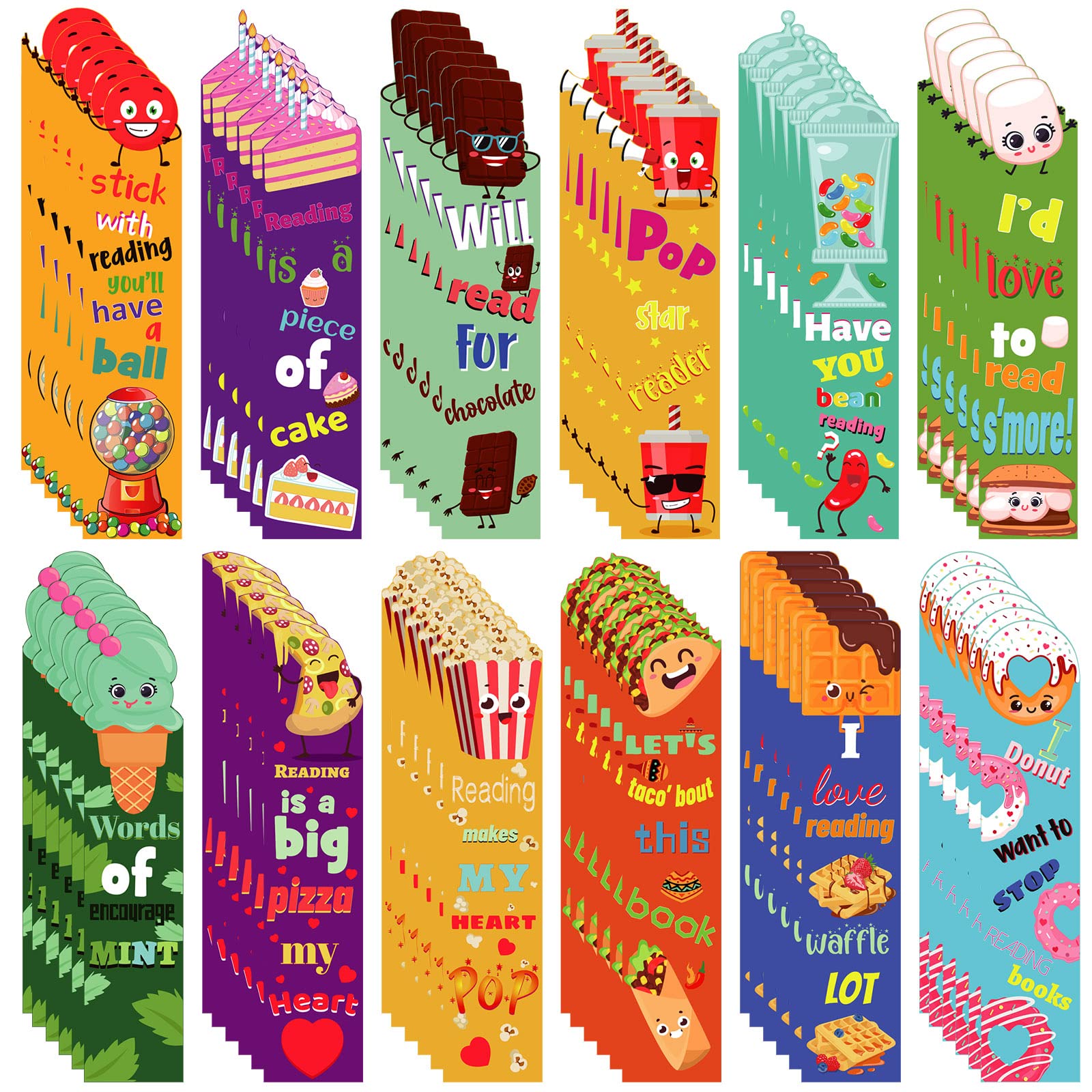 Fruit Scented Scratch and Sniff Bookmarks for Kids - 72 Pack of 12 Fun Designs (Chocolate, Popcorn, Donut) - Colorful Classroom Supplies for Reading, School, Office & Home Use - Perfect Gift for Teenagers & Book Lovers