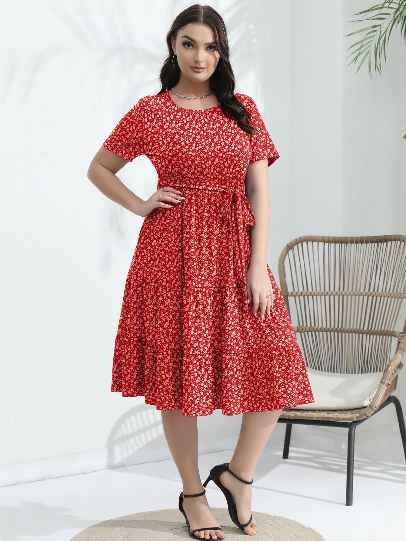 Elegant Plus Size Floral Midi Dress for Women 2025 - Tiered Flowy Modest Wedding Guest Dress with Belt & Pockets | Perfect for Bridal Showers, Garden Parties & Formal Events
