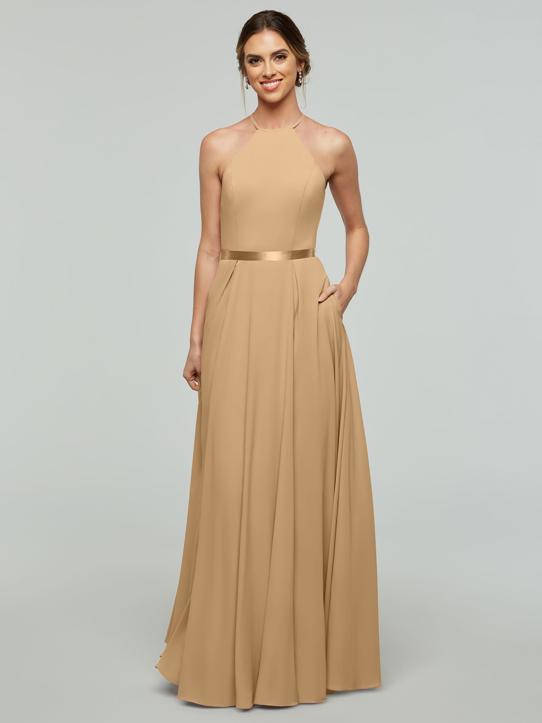 Elegant A-Line Stretch Chiffon Bridesmaid Dress with Halter Neckline & Waist Belt - Perfect for Weddings, Formal Events & Special Occasions