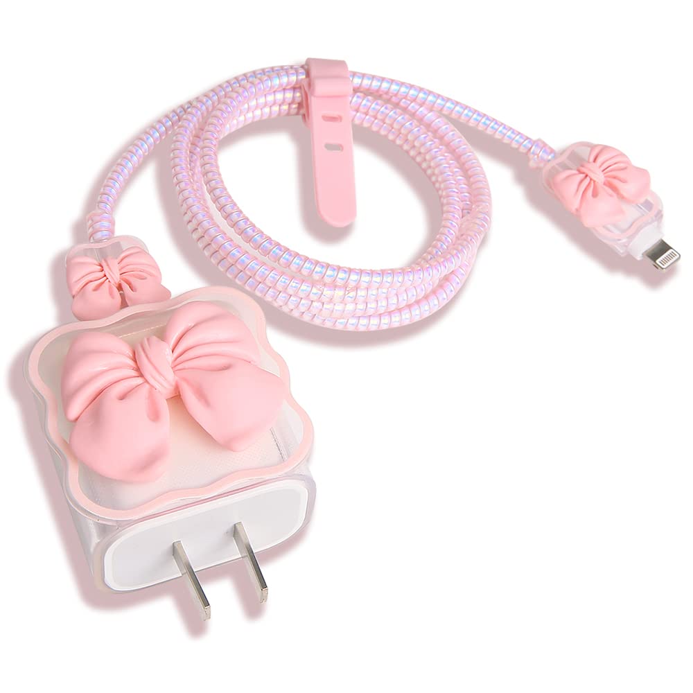 3D Bow Tie Cute iPhone USB-C Charger Cover - 18W/20W Fast Charging Protector for iPhone 11 12 13 14 Pro Max - Soft Clear Kawaii Cable Saver (Pink, 5-in-1) - Perfect for Home, Office & Travel Accessories