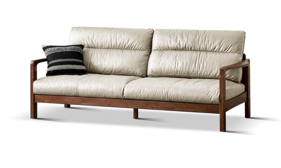 Premium Black Walnut Solid Wood Leather Sofa - Modern Luxury Living Room Furniture for Home & Office (Perfect for Lounging, Entertaining & Relaxing)