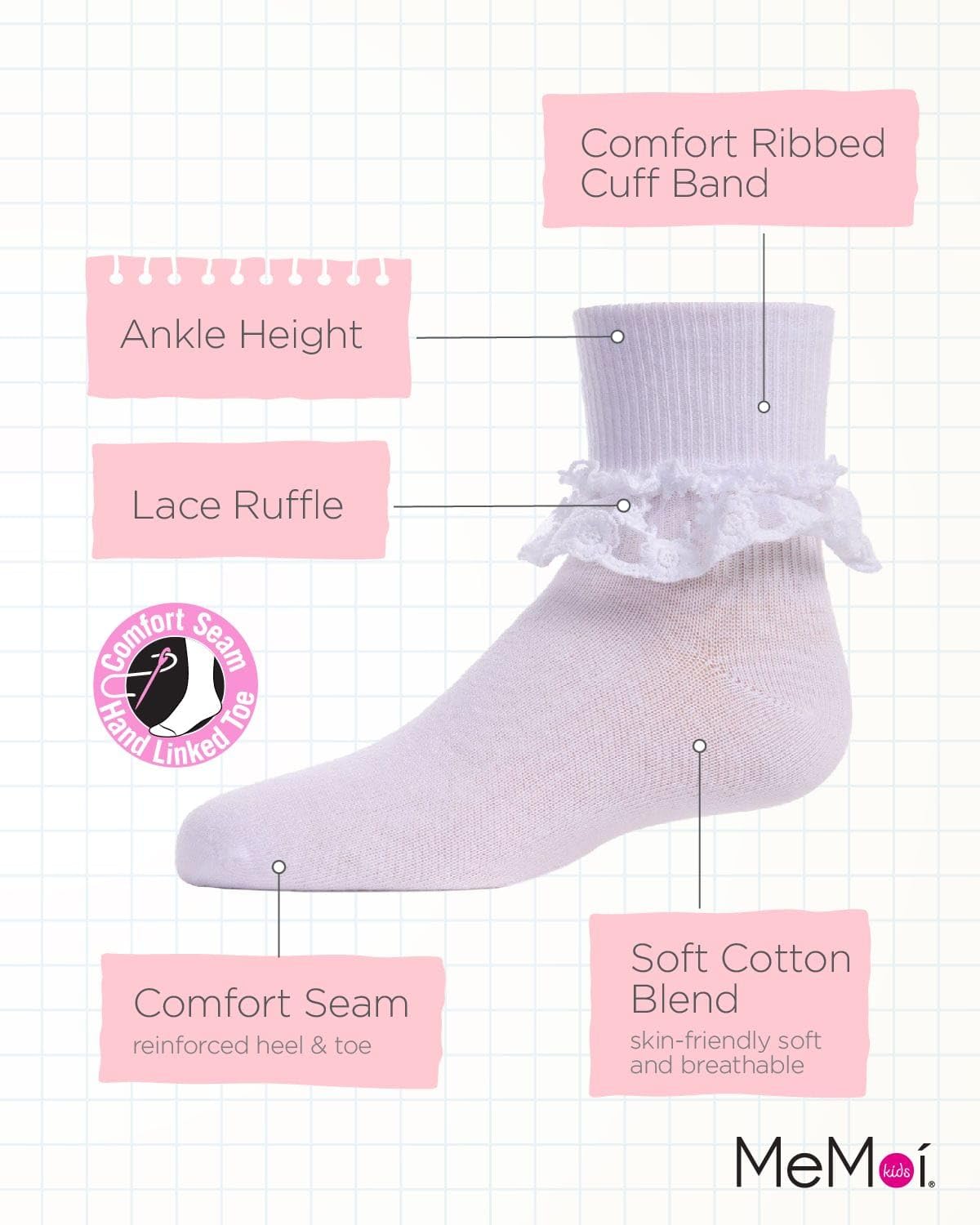 MeMoi Girls' Layered Lace Cotton Blend Anklet Socks - Cute & Comfortable Socks for School, Party & Everyday Wear