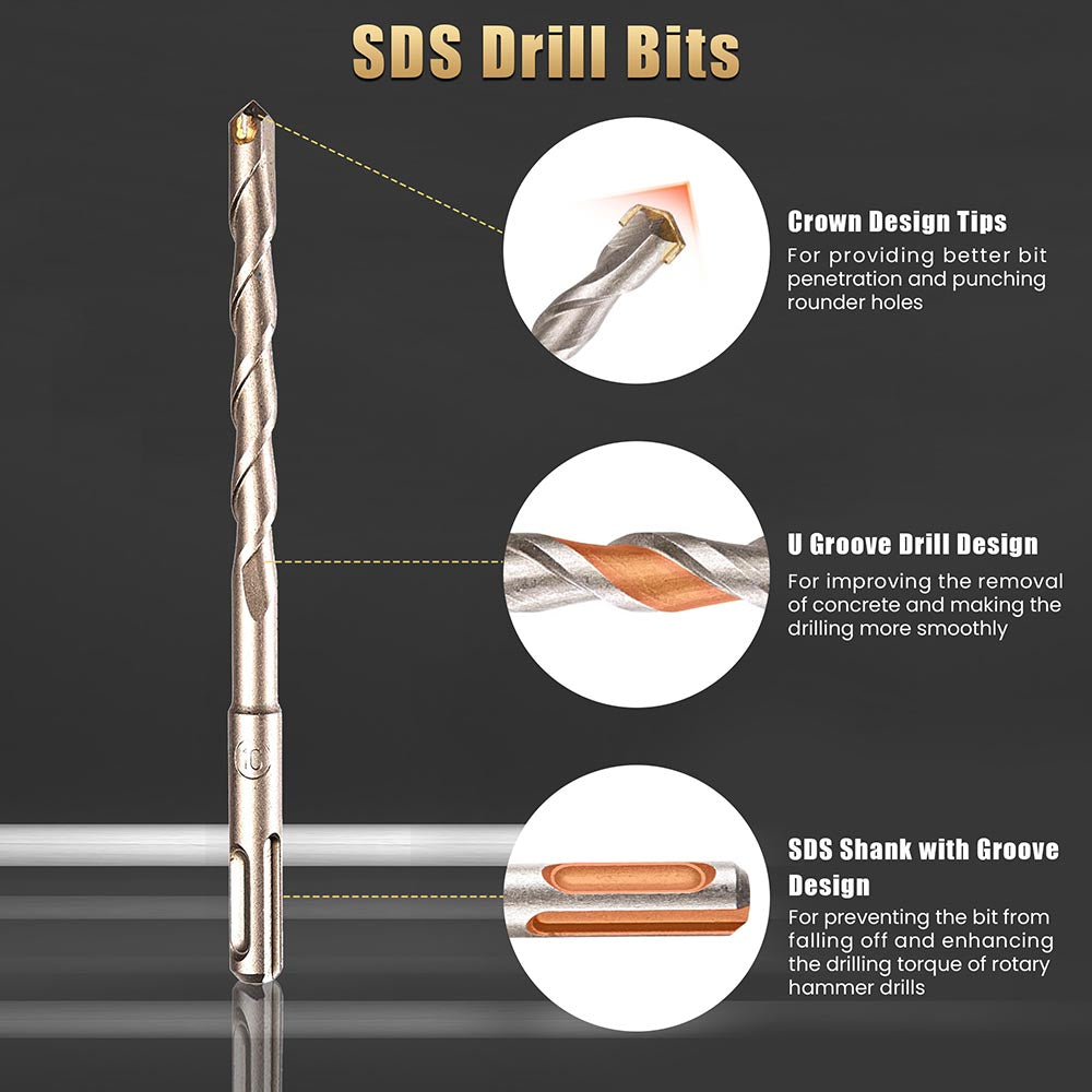 17-Piece SDS Plus Drill Bits and Chisels Set for Rotary Hammer - Masonry, Concrete, Brick Drilling - Perfect for Construction, Demolition & Home DIY Projects