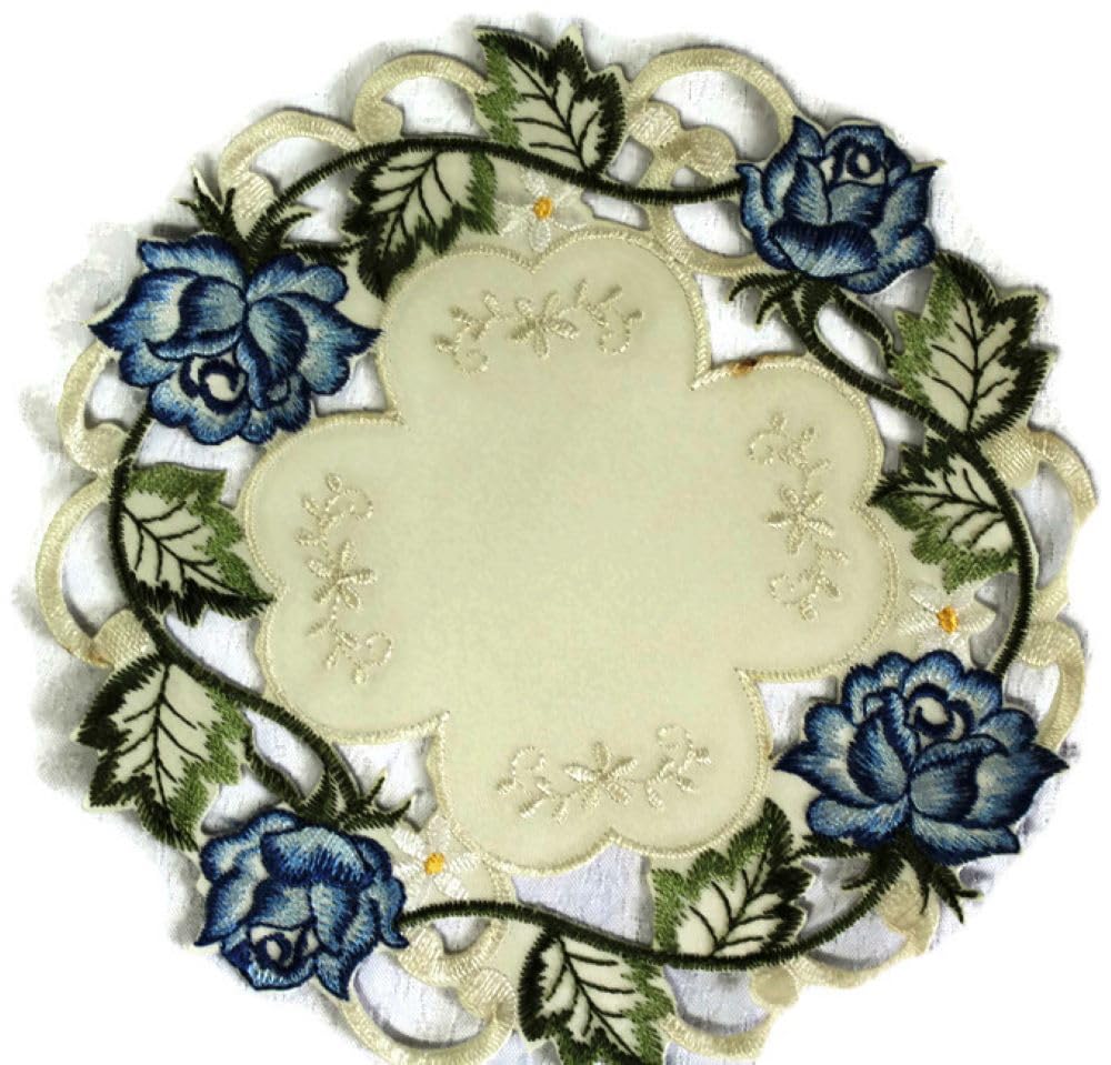 Blue Rose Round Doily on Ivory Fabric - 7 Inch Elegant Table Decor for Weddings, Tea Parties & Home Decor