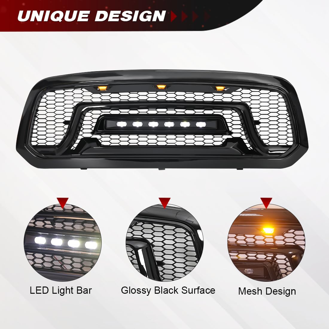 Glossy Black Front Bumper Grill Compatible with 2013-2023 Dodge Ram 1500 & Ram 1500 Classic | Off-Road Ready LED Light Bar | Perfect for Truck Upgrades & Off-Road Adventures