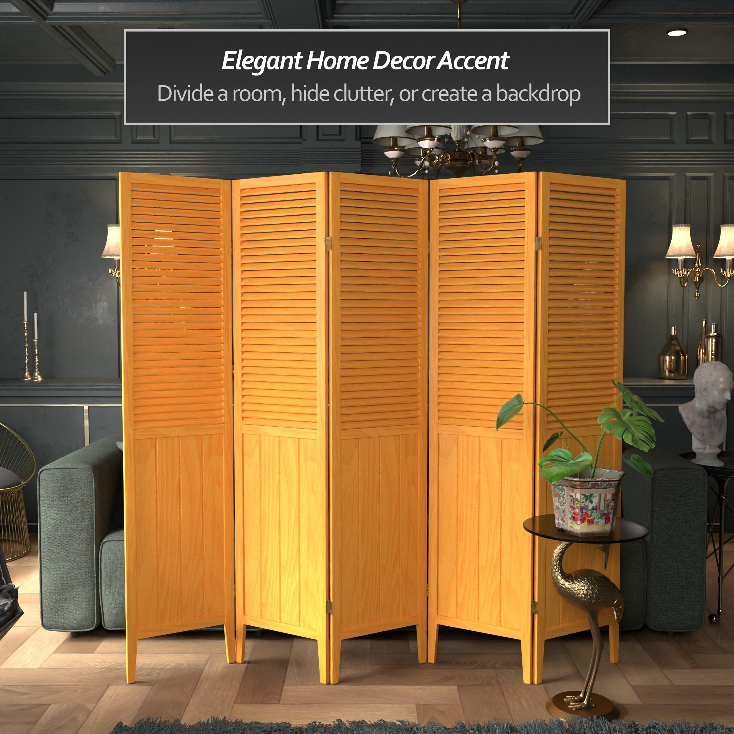 Red Lantern SS-BEAD-Honey-5P Room Divider - 5 Panel Folding Privacy Screen with Honey Finish - Perfect for Home Office, Bedroom Partition, and Asian-Inspired Decor