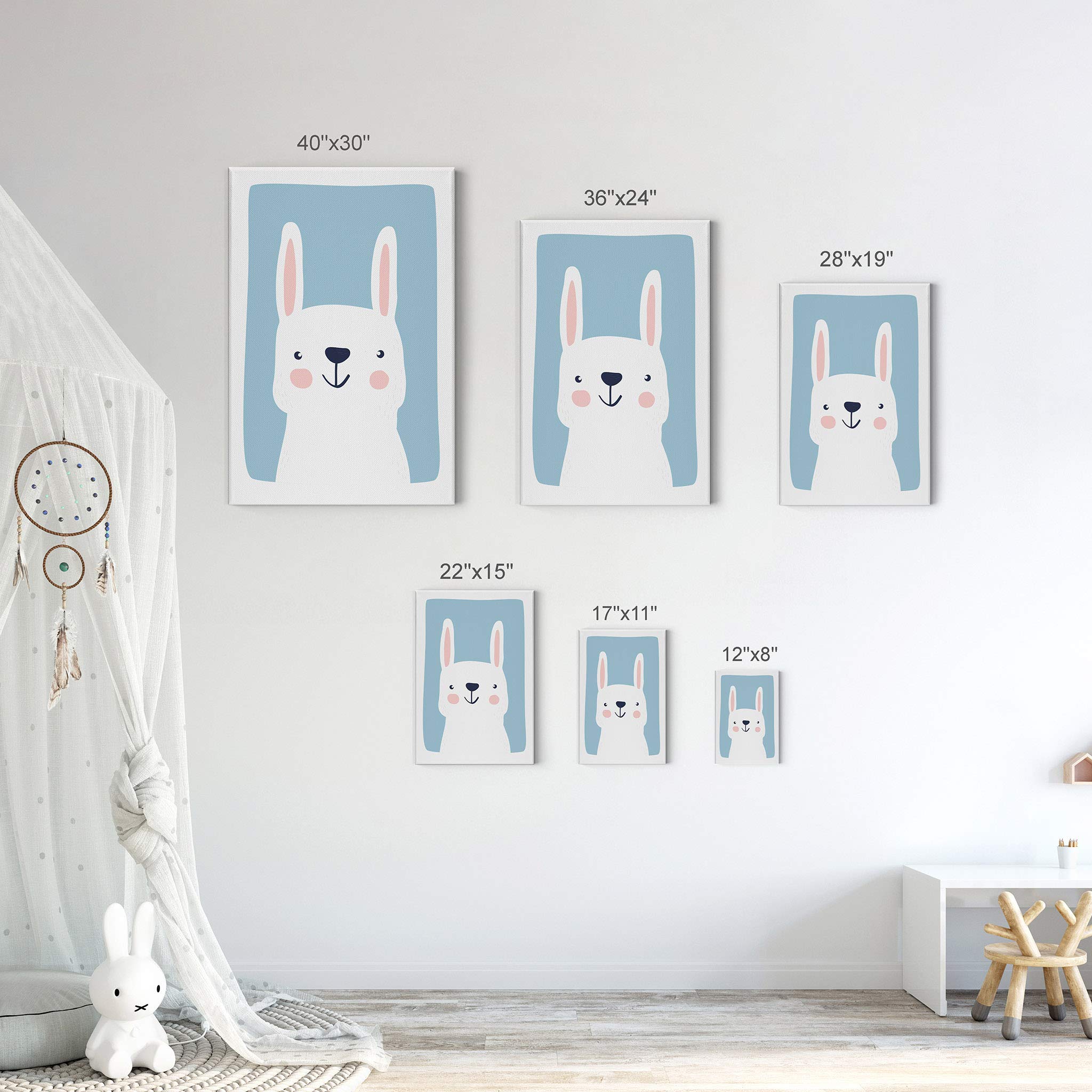 Cute Rabbit Blue Background Canvas Print - Kids Room Decor, Nursery Wall Art, Baby Room Decor - Ready to Hang 22x15 - Made in USA | Perfect for Children's Bedroom, Playroom & Nursery Decorations