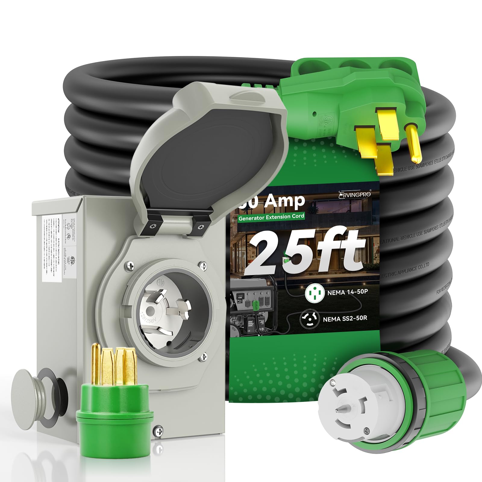 50 Amp Generator Power Cord 25FT with Waterproof Inlet Box Kit - NEMA 14-50P to SS2-50R, ETL Certified - Perfect for Home Backup Power, RV Camping & Emergency Power Outages