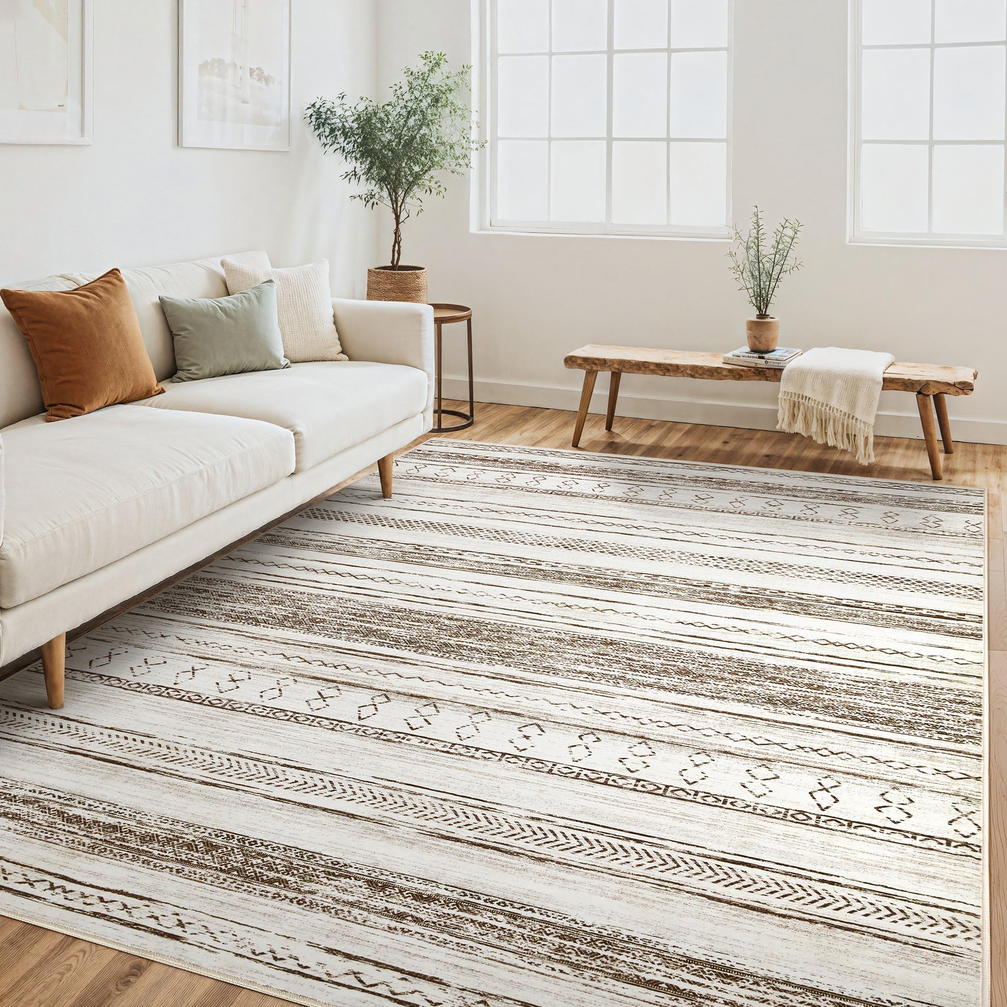 6x9 Washable Area Rug - Soft Neutral Boho Moroccan Bohemian Farmhouse Rug for Living Room, Bedroom, Dining Table & Home Office | Cream Brown Indoor Floor Carpet | Perfect for Cozy Home Decor & High-Traffic Areas