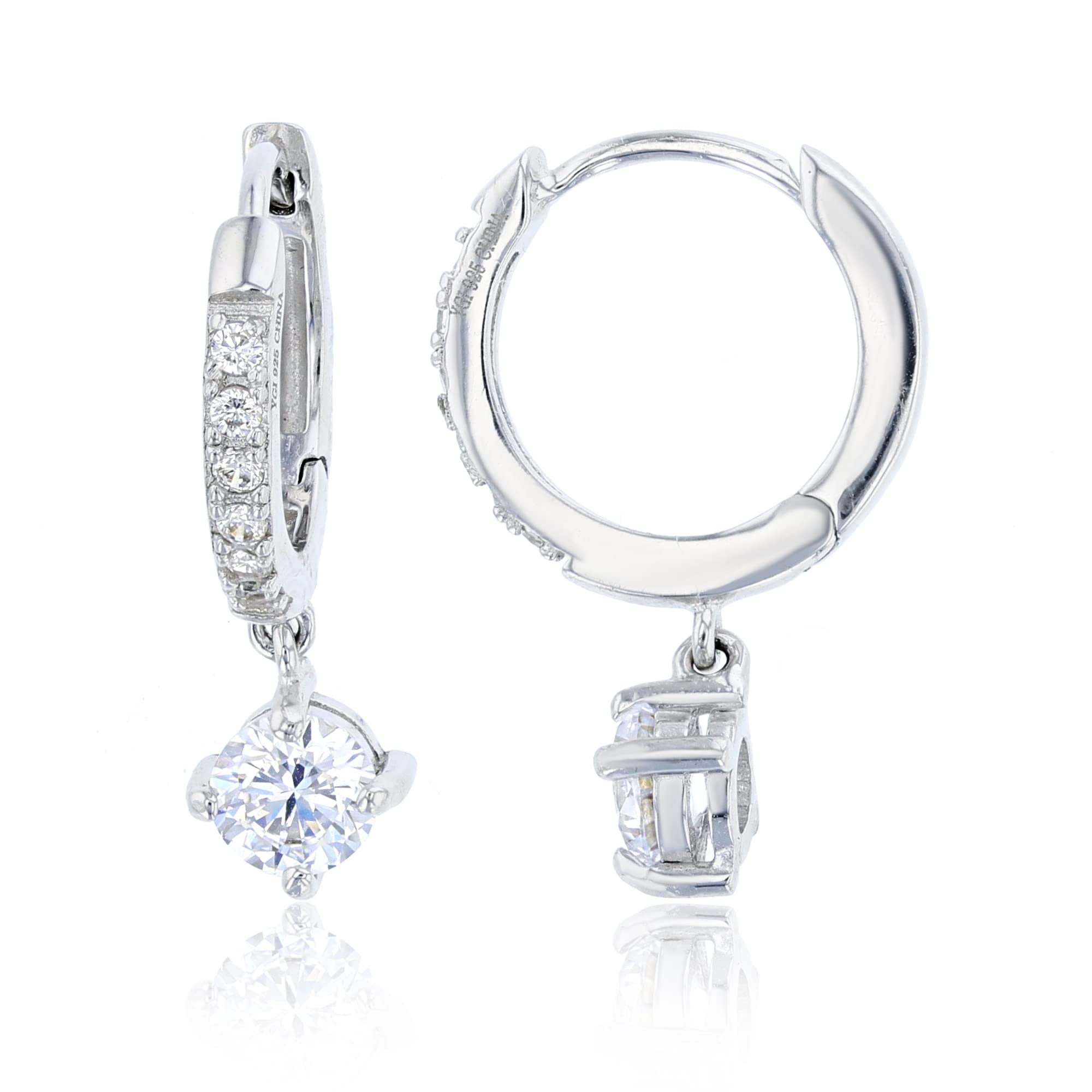 Sterling Silver Rhodium Plated 2x22mm Hoop Earrings with 5mm Round Dangling Cubic Zirconia - Elegant Micropave Design for Women, Perfect for Parties, Weddings & Everyday Wear