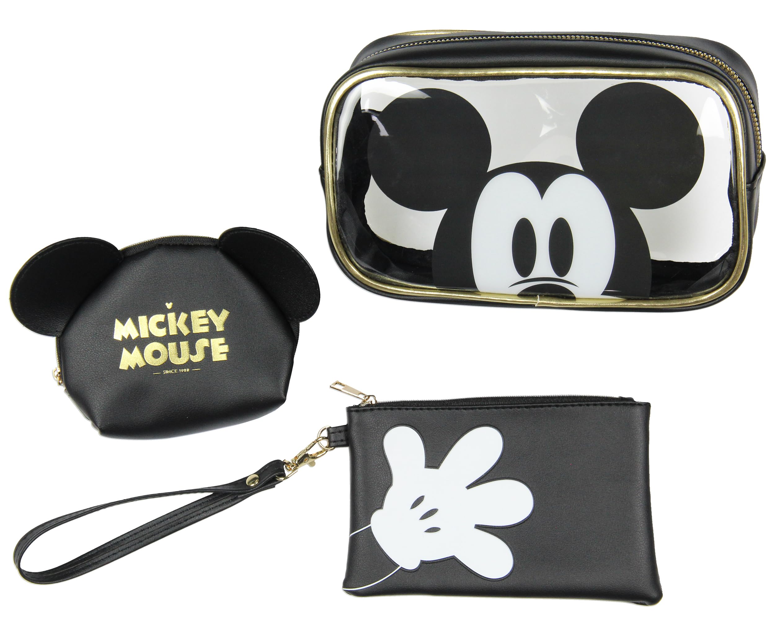 Disney Mickey Mouse 3-Piece Toiletry Bag Set with Clear Cosmetic Pouch - Travel Beauty Essentials Storage Organizer - Perfect for Vacation, Gym, and Makeup Storage