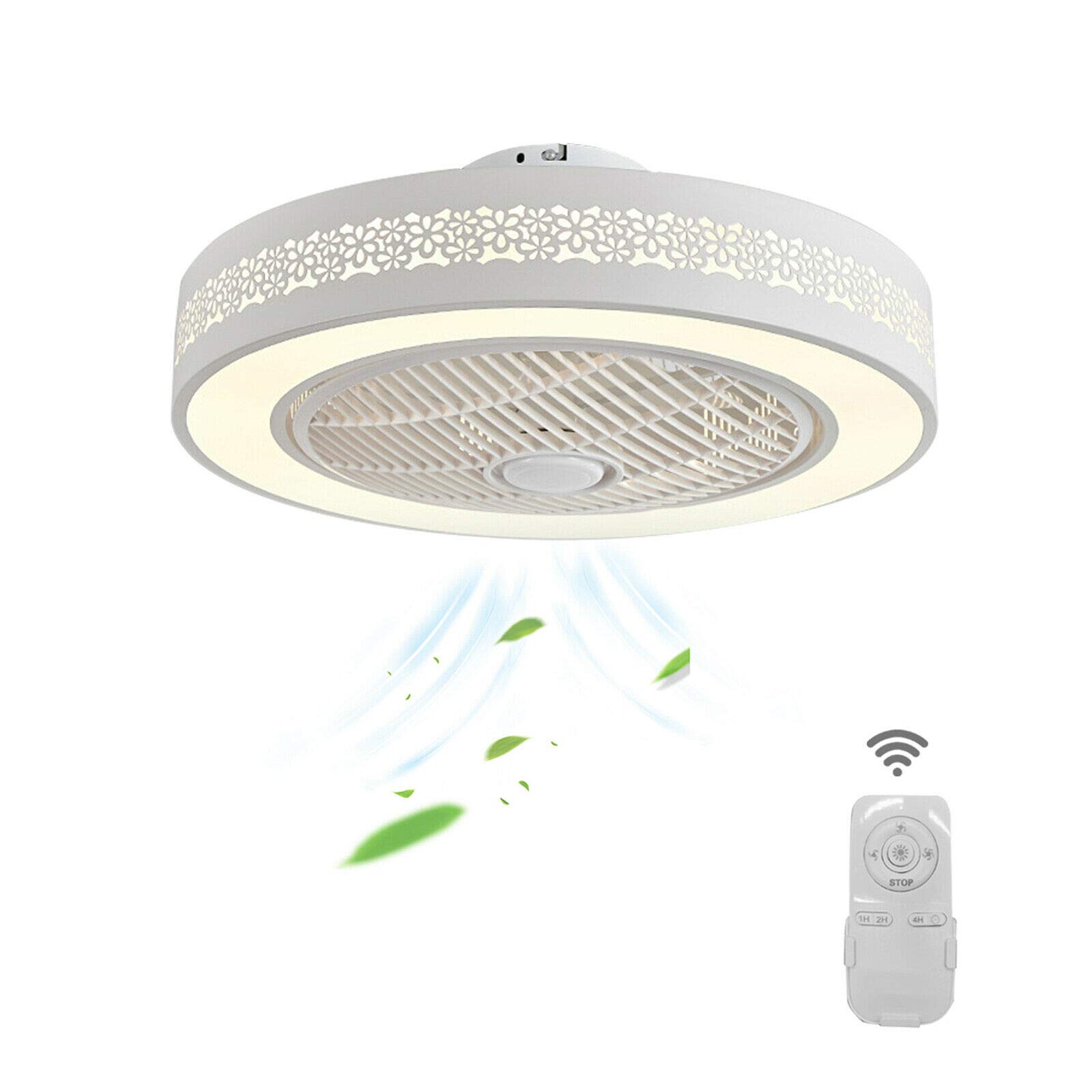 22'' Invisible Blade LED Ceiling Fan with Lights - Dimmable Remote Control, 3 Colors & 3 Speeds, 32W Modern Flush Mount Chandelier for Living Room, Bedroom, Dining Room - White
