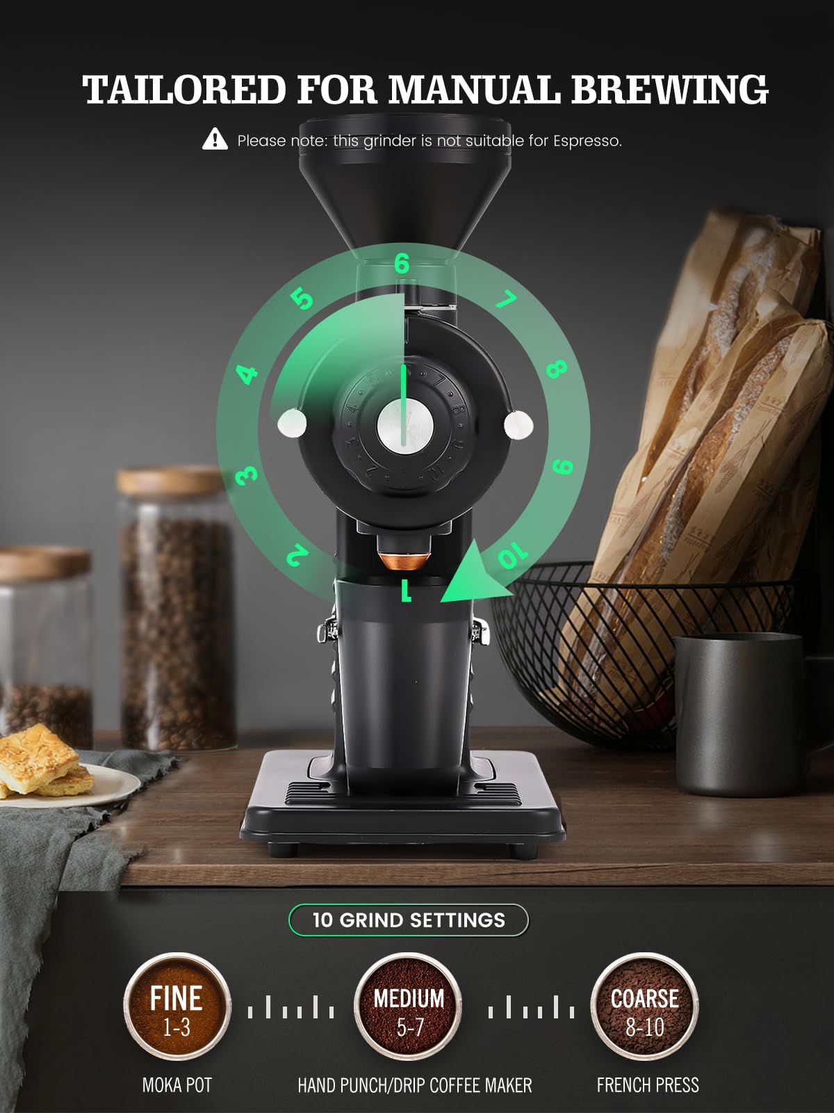 Premium Electric Coffee Grinder with Titanium Shark Teeth Burr - Dual Control Modes for Espresso, French Press & Pour Over - Quiet & Fast Coffee Mill for Home & Office Use (Black)