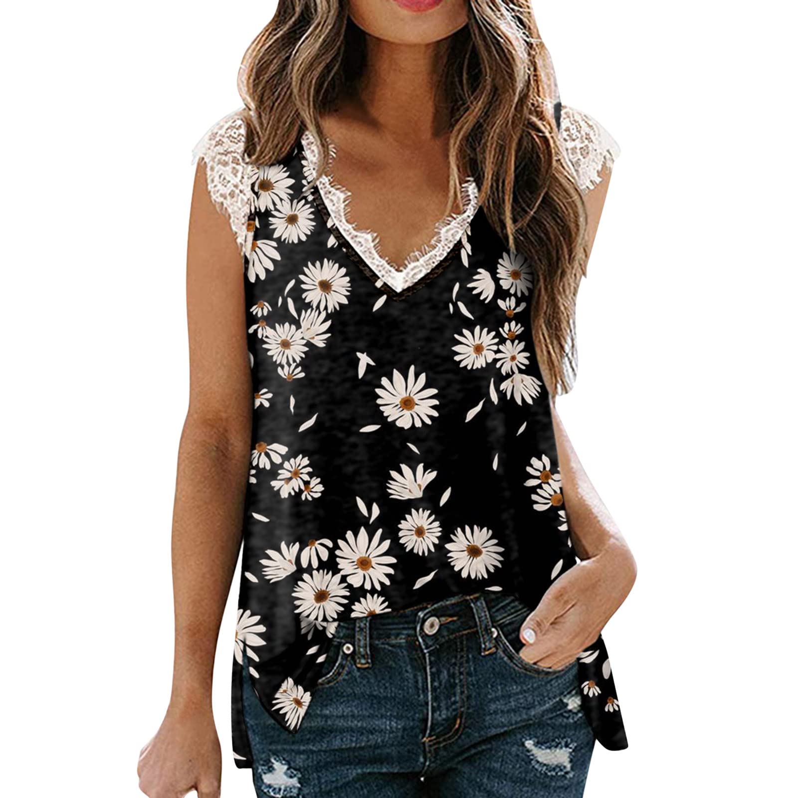 Women's V-Neck Lace Floral Print Tank Top - Summer Casual Sleeveless Blouse with Side Split - Perfect for Beach, Vacation & Everyday Wear