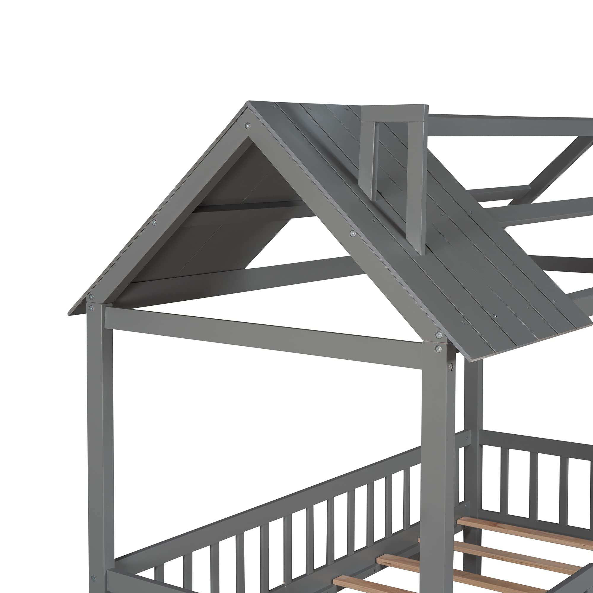 Rhomtree Twin Size Wooden Tent Bed House Frame with Roof & Chimney - Kids Loft Bed with Safety Fence, Nursery Furniture for Boys & Girls - Perfect Play Tent for Bedrooms, Playrooms & Daycare (Gray)