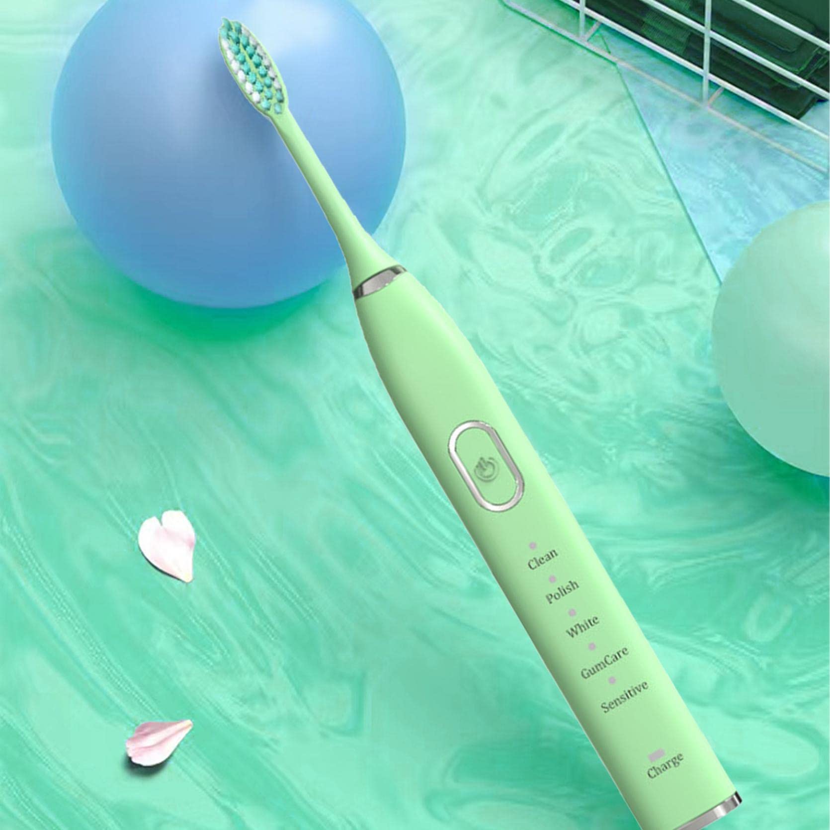 Sonic Electric Toothbrush for Adults - Rechargeable Deep Cleaning Toothbrush with 5 Modes, Smart Timer & Waterproof Design - Includes 2 Replacement Brush Heads (Light Green) - Perfect for Travel, Home & Daily Oral Care