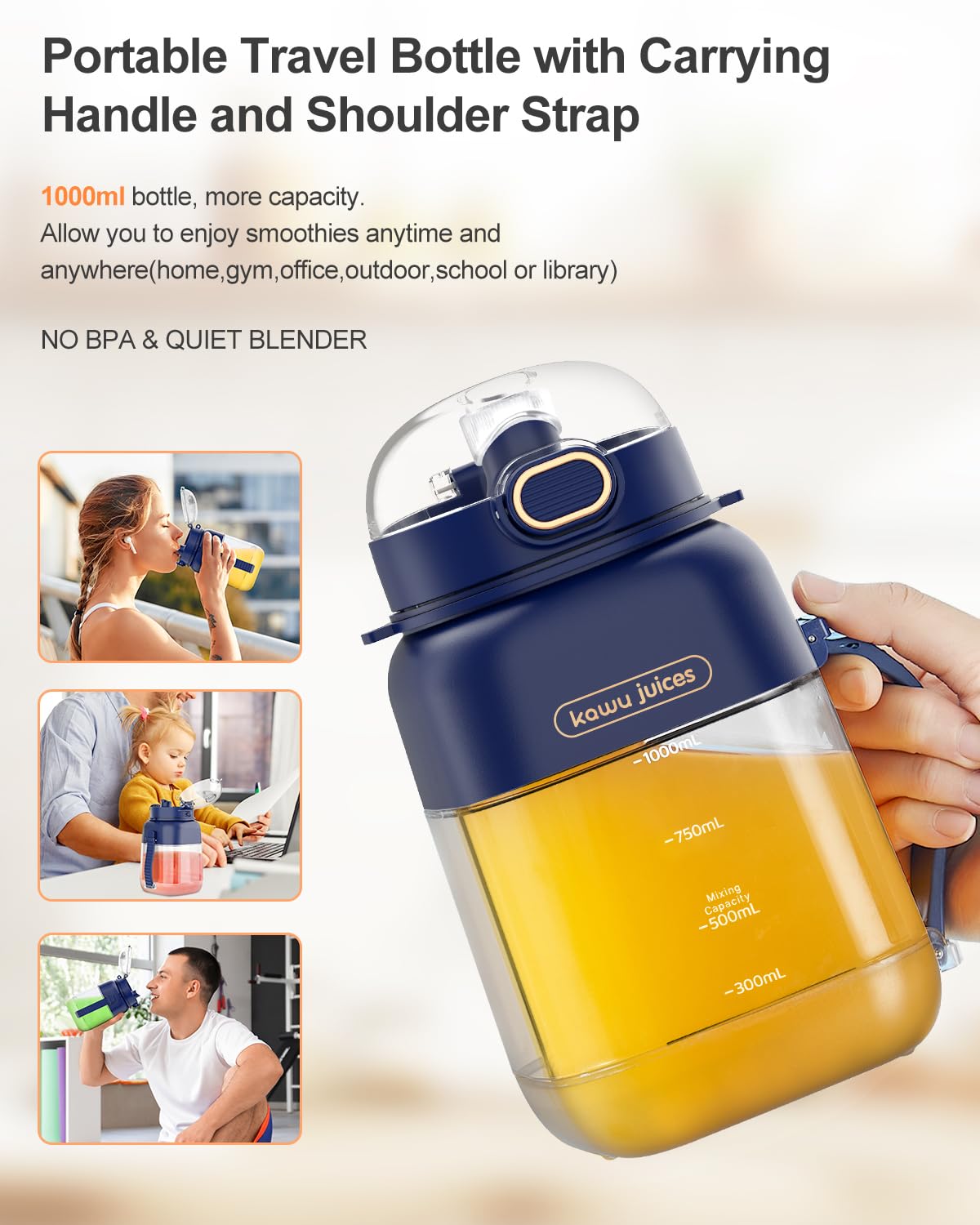 Kawu Portable Blender - 34.1oz USB-C Rechargeable Personal Smoothie Maker with Leakproof Lid & Sip Spout, BPA-Free, Dishwasher Safe - Perfect for Shakes, Protein Drinks, Baby Food & Travel - Includes Handle & Strap for On-the-Go Blending