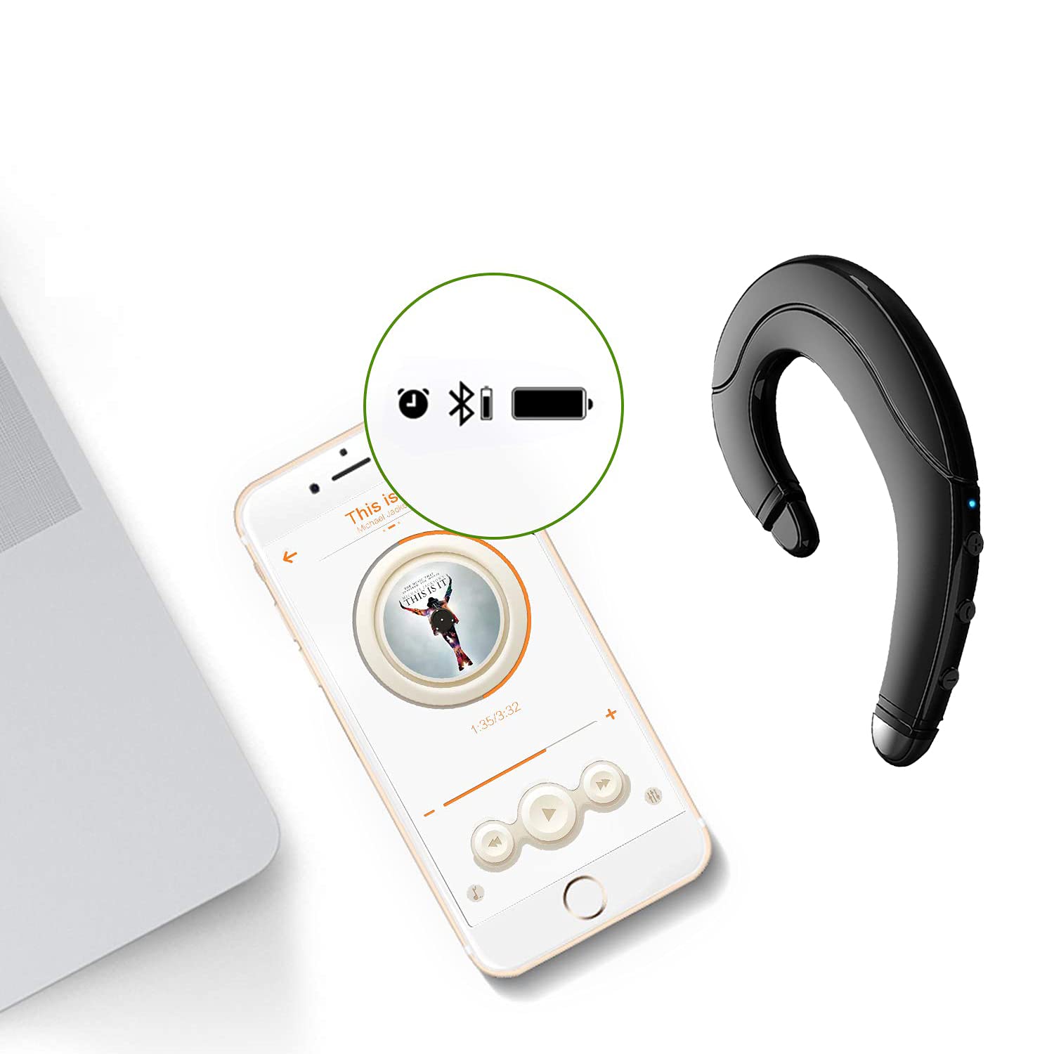 Ear Hook Bluetooth Headphone V5.0 with Mic - Wireless Single Ear Headset for iPhone & Android - 5 Hours Playtime, Lightweight & Comfortable Design - Perfect for Driving, Office Work, and Outdoor Activities