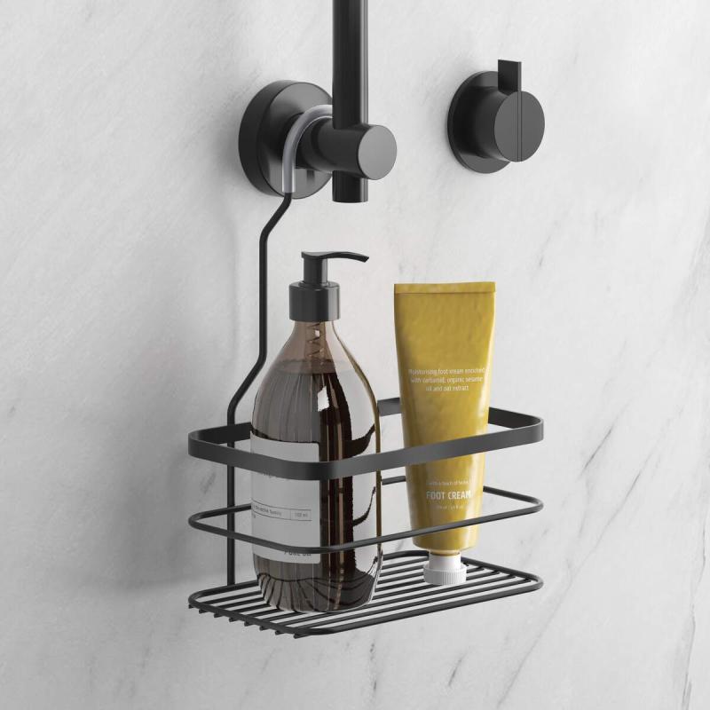 Matt Black Lava Shower Rail Basket with Hook - Space Saving Bathroom Organizer for Shampoo, Soap & Toiletries