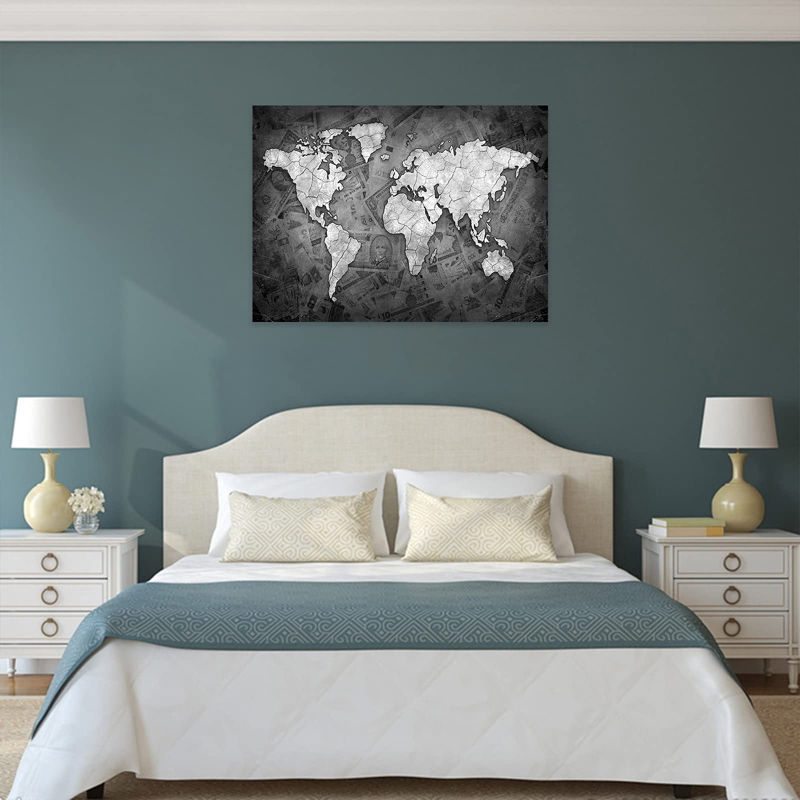 Black and White World Map Canvas Wall Art - 40x28 Inches Framed Travel Map Print for Bedroom, Home & Office Decor - Ready to Hang Beige Background Wall Art - Perfect for Travel Enthusiasts & Geography Lovers
