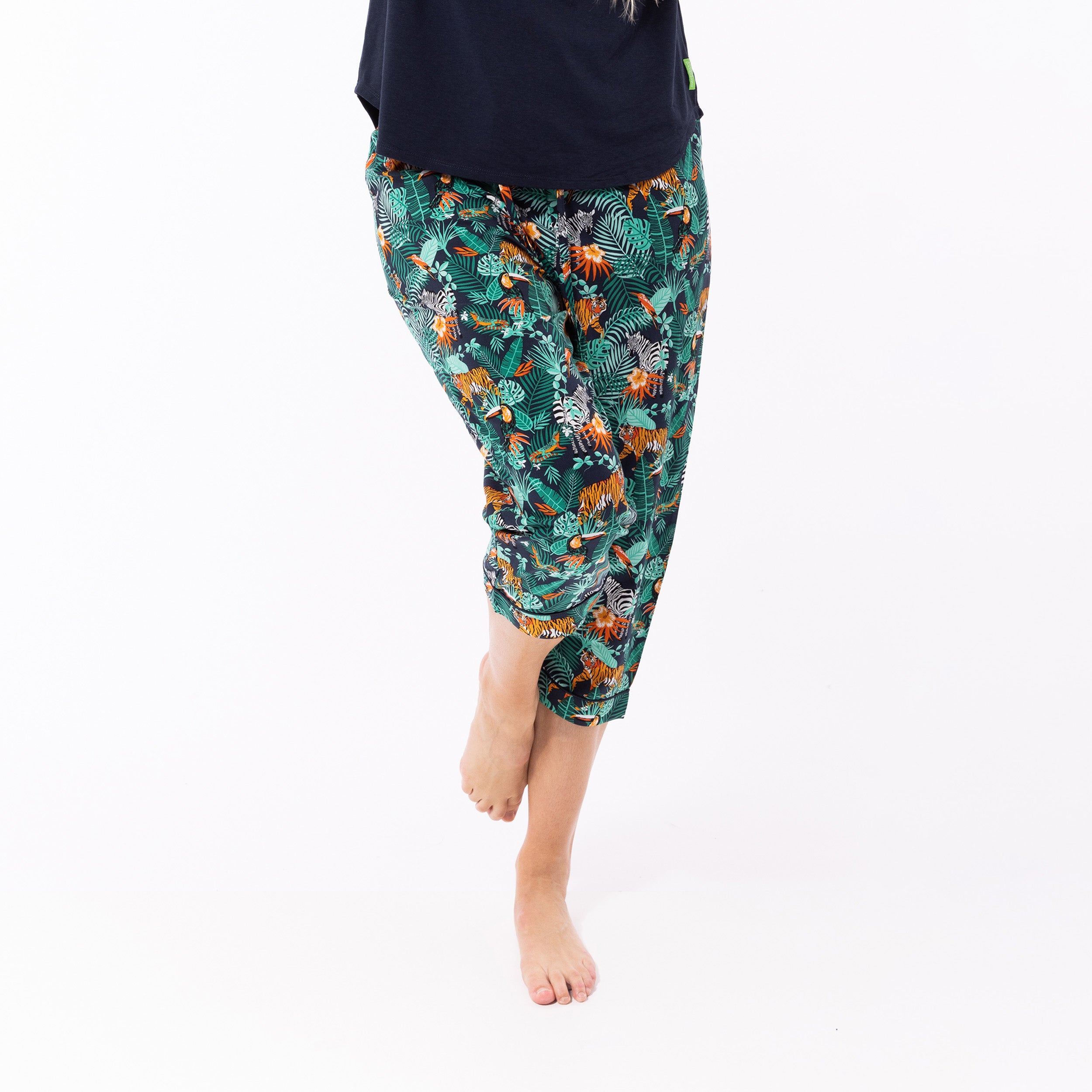 Women's Dark Jungle Print Woven Pants and Knit Tee Pajama Set - Navy Blue Sleepwear for Lounge & Comfortable Nightwear