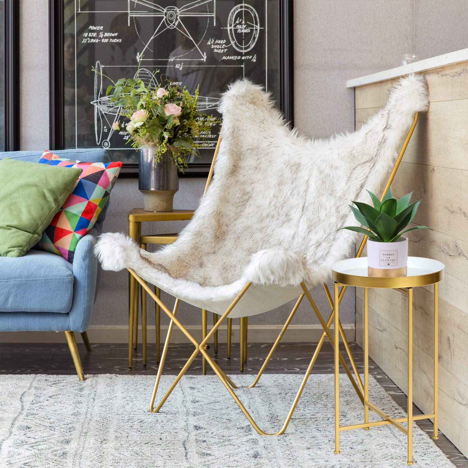 Adeco Modern Round Side End Accent Table - 25.7 Inch Tall Living Room Table with Gold Base & White Tray - Perfect for Sofa Side Table, Bedroom Nightstand, or Lounge Decor