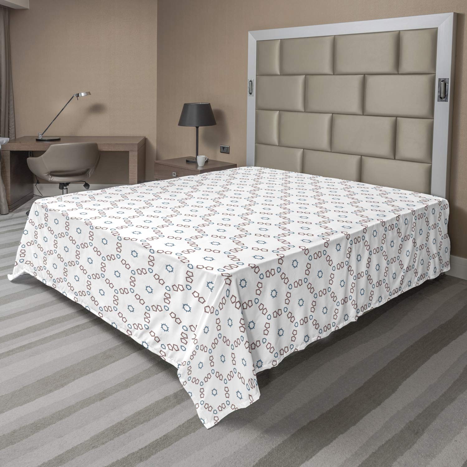 Ambesonne Abstract California King Flat Sheet - Soft, Comfortable Rhythmic Floral Geometric Pattern in White & Blue Grey | Decorative Bedding for Master Bedroom, Guest Room & Airbnb Stays