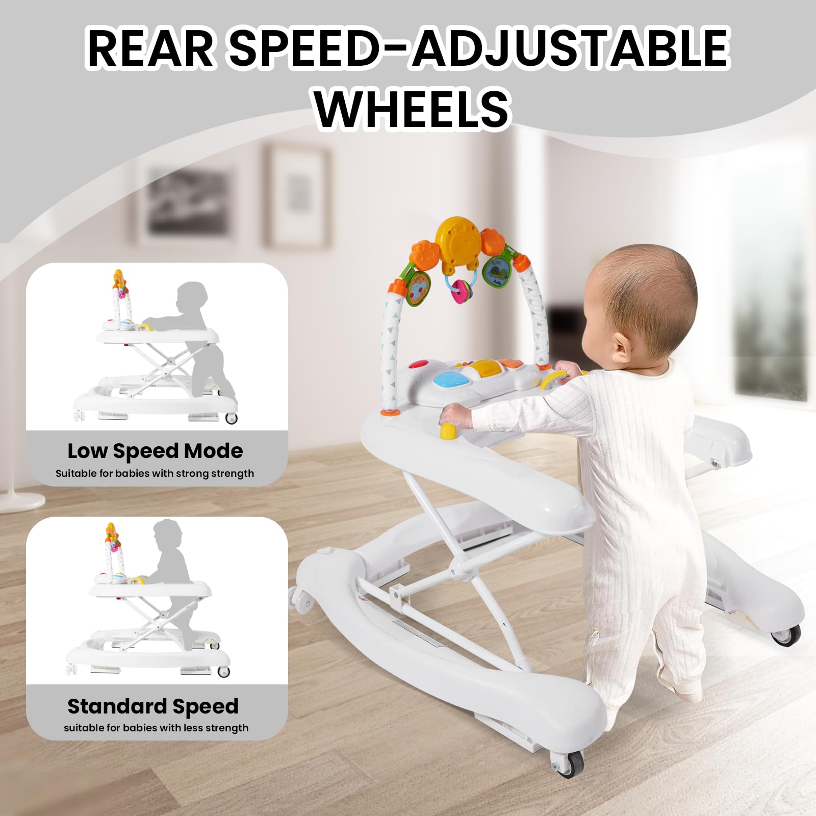 5-in-1 Baby Walker for Boys & Girls 6-18 Months | Foldable Activity Walker with Adjustable Height, Removable Footrest & Feeding Tray | Toddler Walker with Bouncer & Music | Perfect for Learning to Walk, Playtime & Mealtime at Home
