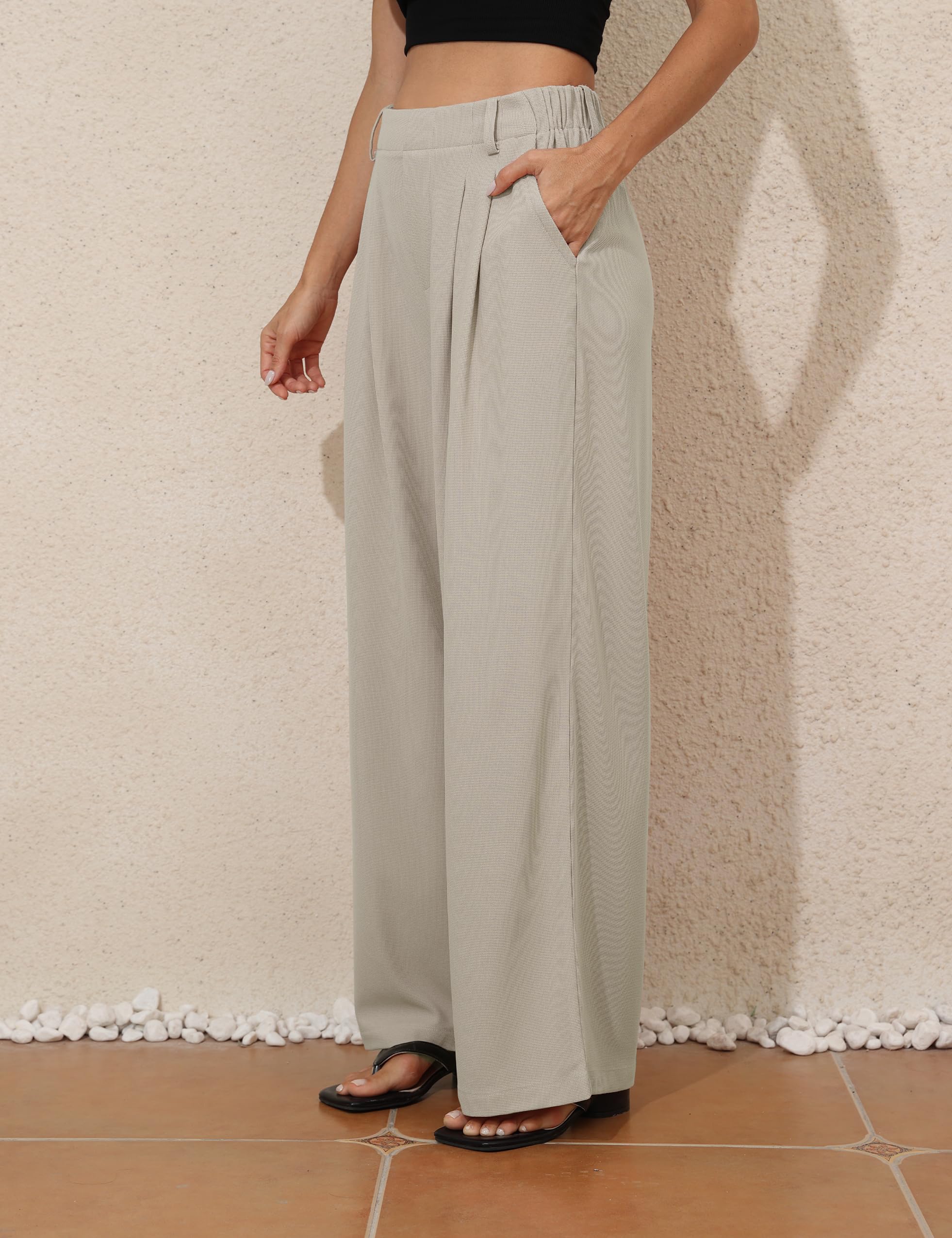 Kayamiya Women's High Waisted Elastic Waist Wide Leg Waffle Pants - Business Casual Work Pants with Pockets for Summer | Office Wear, Lounge, Travel & Everyday Comfort